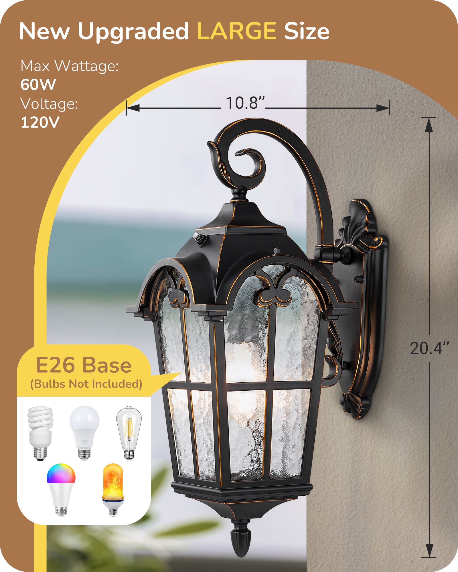 EDISHINE Dusk to Dawn Outdoor Wall Lights, 20.4" Large Size Exterior Lantern Fixture, Porch Lights Wall Mount, Roman Wall Lamp, Waterproof Outside Wall Sconce for Front Door Garage, Black - HOWL06N