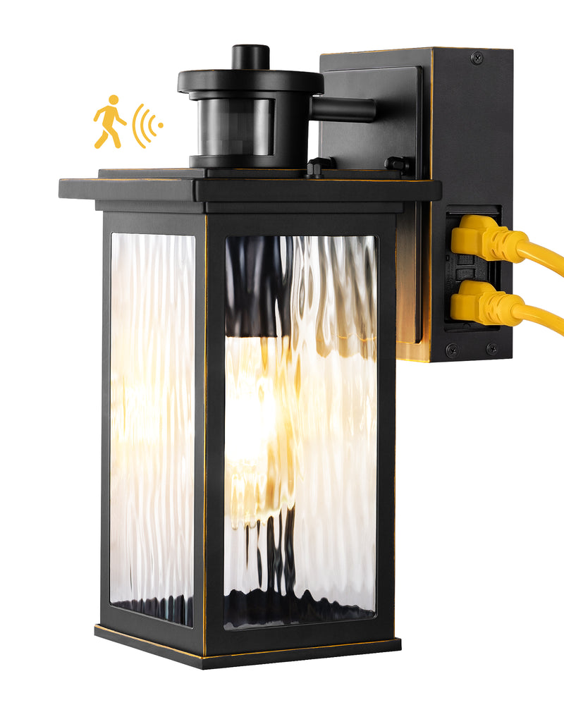 EDISHINE Outdoor Wall Light with GFCI Outlet, Motion Sensor Exterior Lighting Fixture with Water Ripple Glass, Waterproof Dusk to Dawn Outdoor Wall Sconce for Porch Front Door Garage Patio