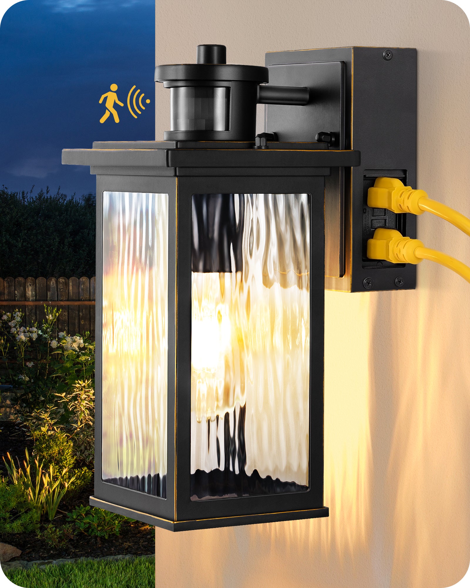 EDISHINE Outdoor Wall Light with GFCI Outlet, Motion Sensor Exterior Lighting Fixture with Water Ripple Glass, Waterproof Dusk to Dawn Outdoor Wall Sconce for Porch Front Door Garage Patio