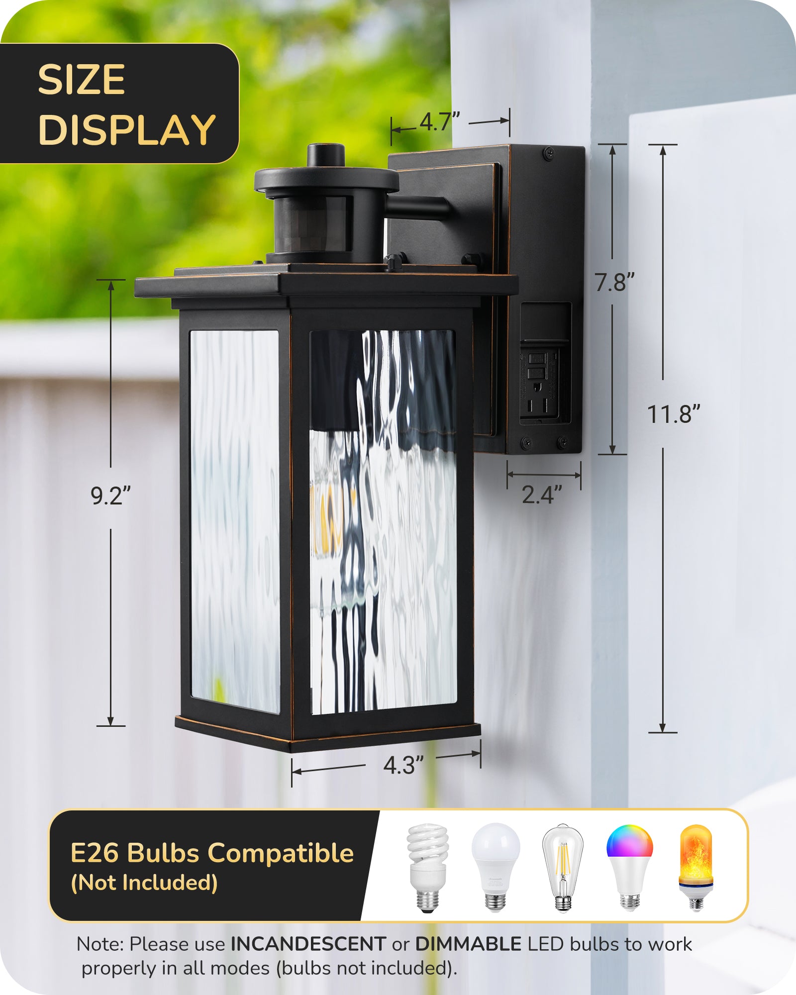 EDISHINE Outdoor Wall Light with GFCI Outlet, Motion Sensor Exterior Lighting Fixture with Water Ripple Glass, Waterproof Dusk to Dawn Outdoor Wall Sconce for Porch Front Door Garage Patio