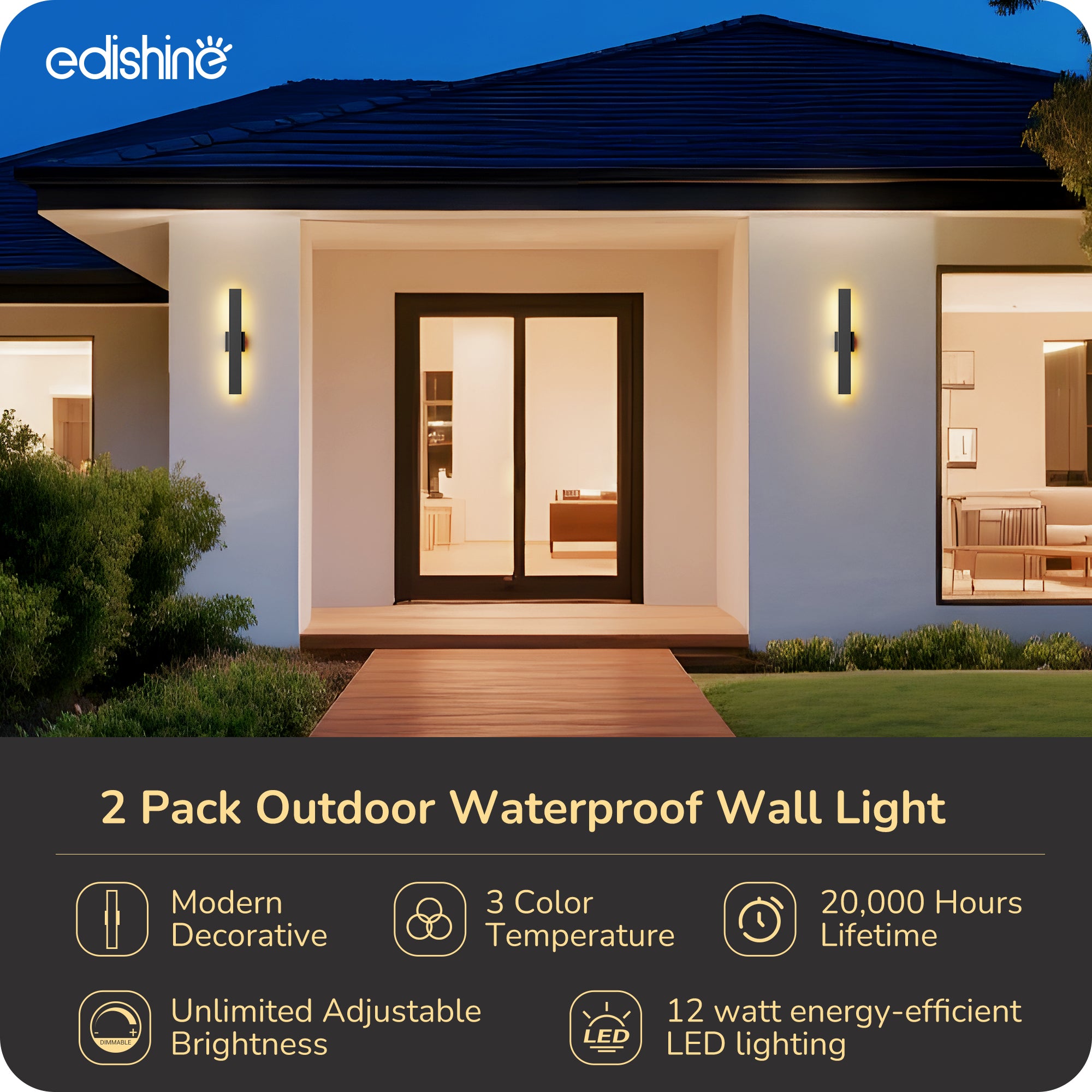 EDISHINE 2 Pack 15.7'' 3CCT Dimmable LED Outdoor Wall Lights (Black) - HOWL22F