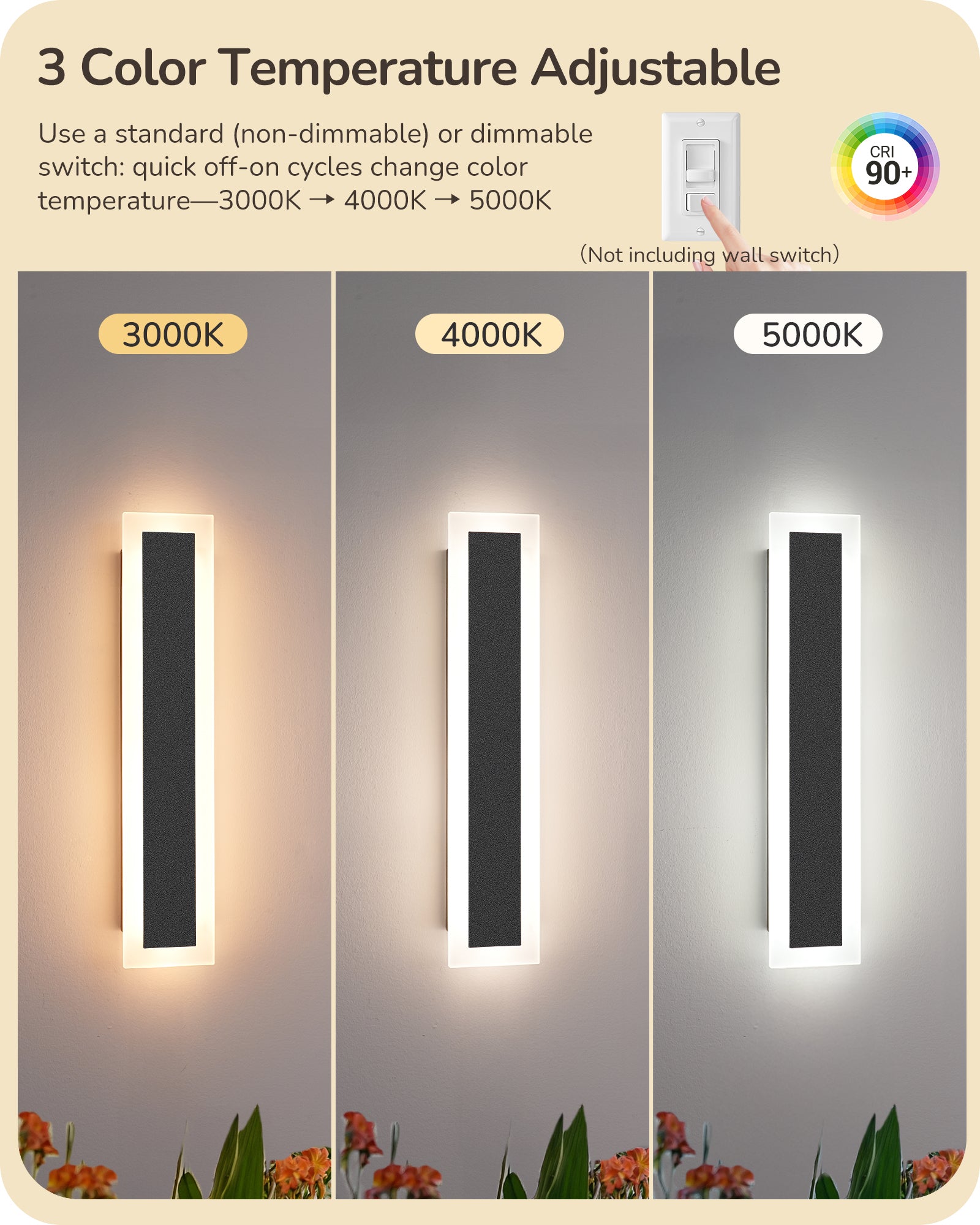 EDISHINE Upgraded 2 Pack 23.6" LED Outdoor Wall Light, Linear Modern Exterior Wall Sconce, Adjustable Brightness & Color Temperature, IP65 Waterproof, Long Exterior Lighting Fixtures for Garage