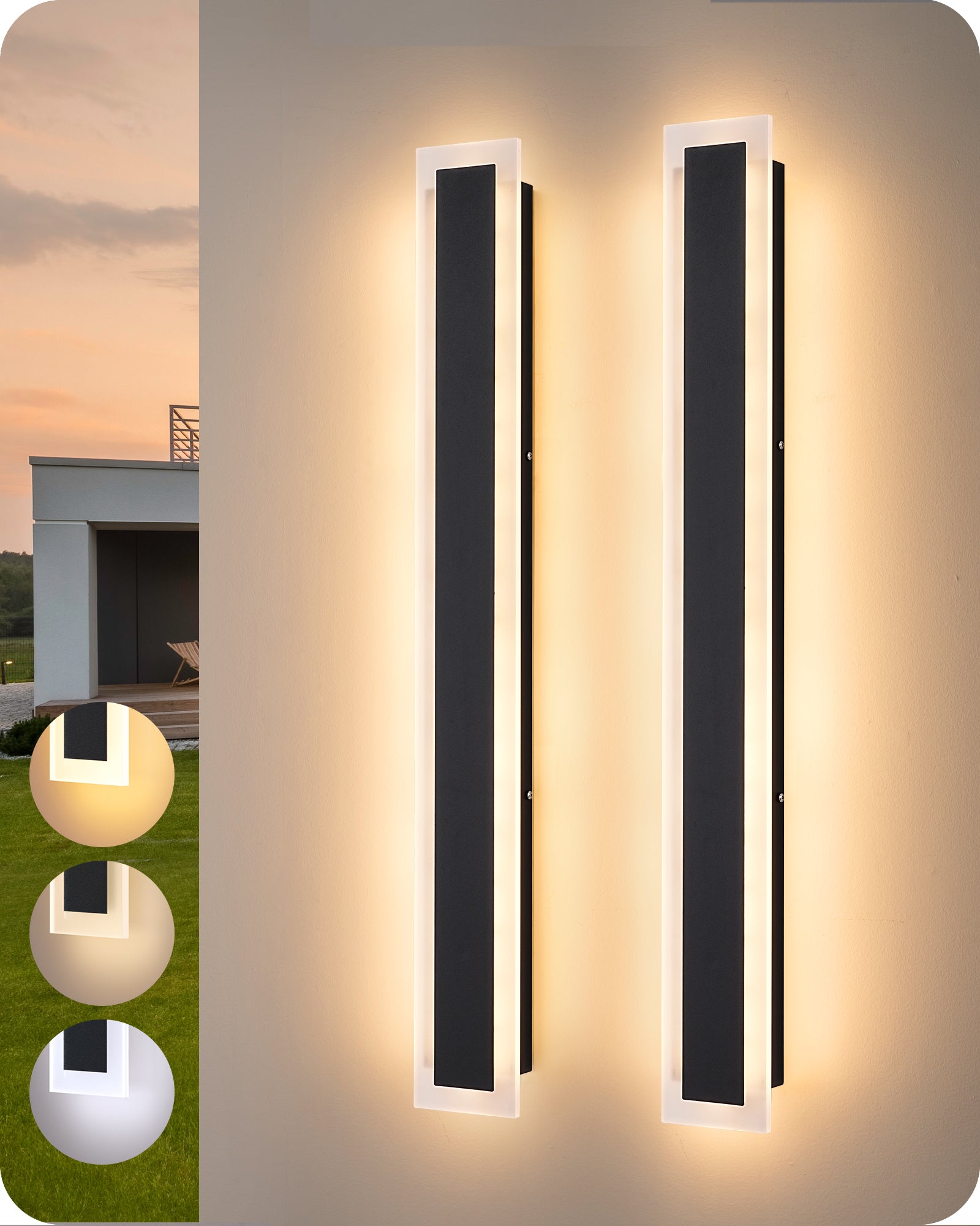 EDISHINE Upgraded 2 Pack 23.6" LED Outdoor Wall Light, Linear Modern Exterior Wall Sconce, Adjustable Brightness & Color Temperature, IP65 Waterproof, Long Exterior Lighting Fixtures for Garage