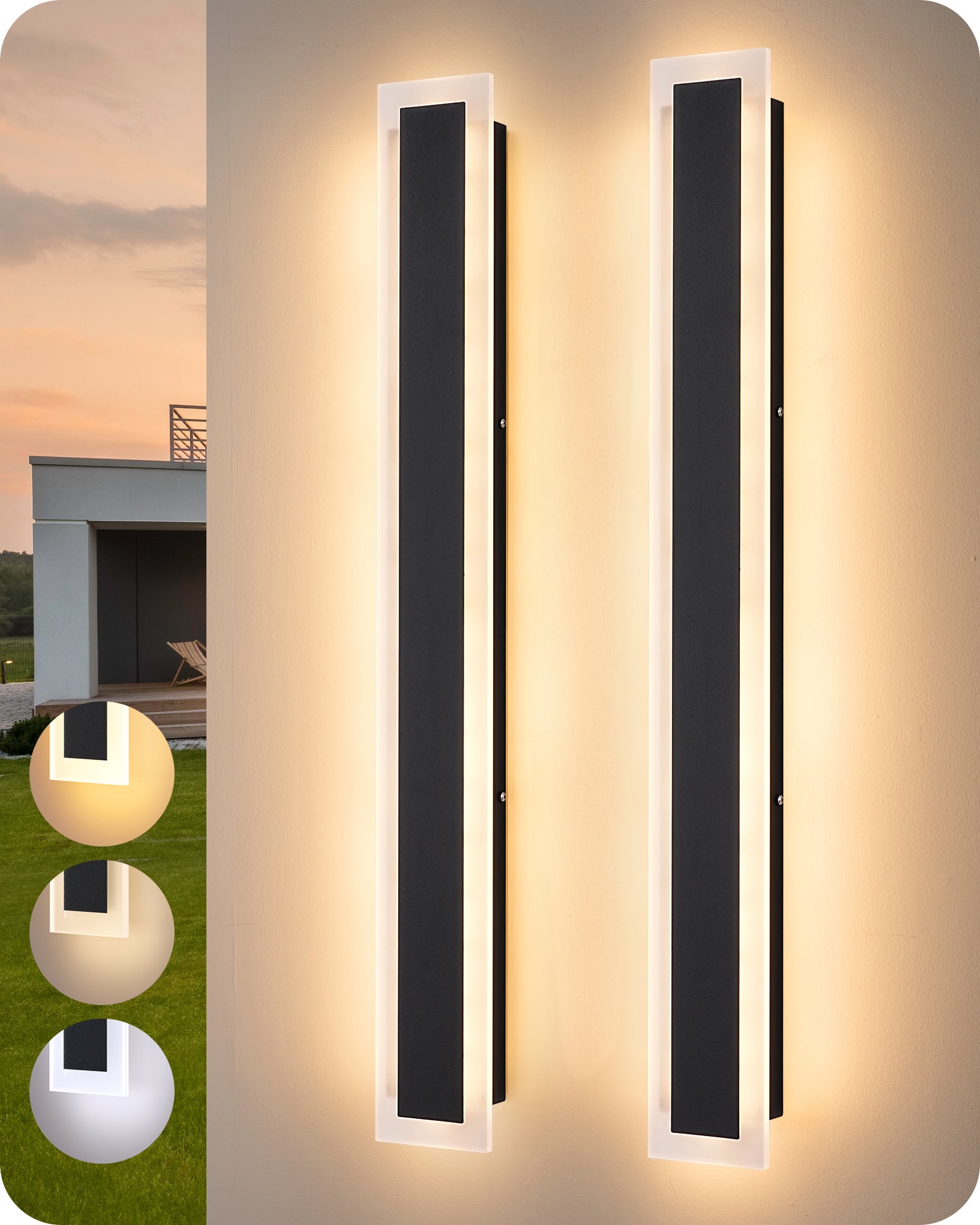 EDISHINE Upgraded 2 Pack 23.6" LED Outdoor Wall Light, Linear Modern Exterior Wall Sconce, Adjustable Brightness & Color Temperature, IP65 Waterproof, Long Exterior Lighting Fixtures for Garage
