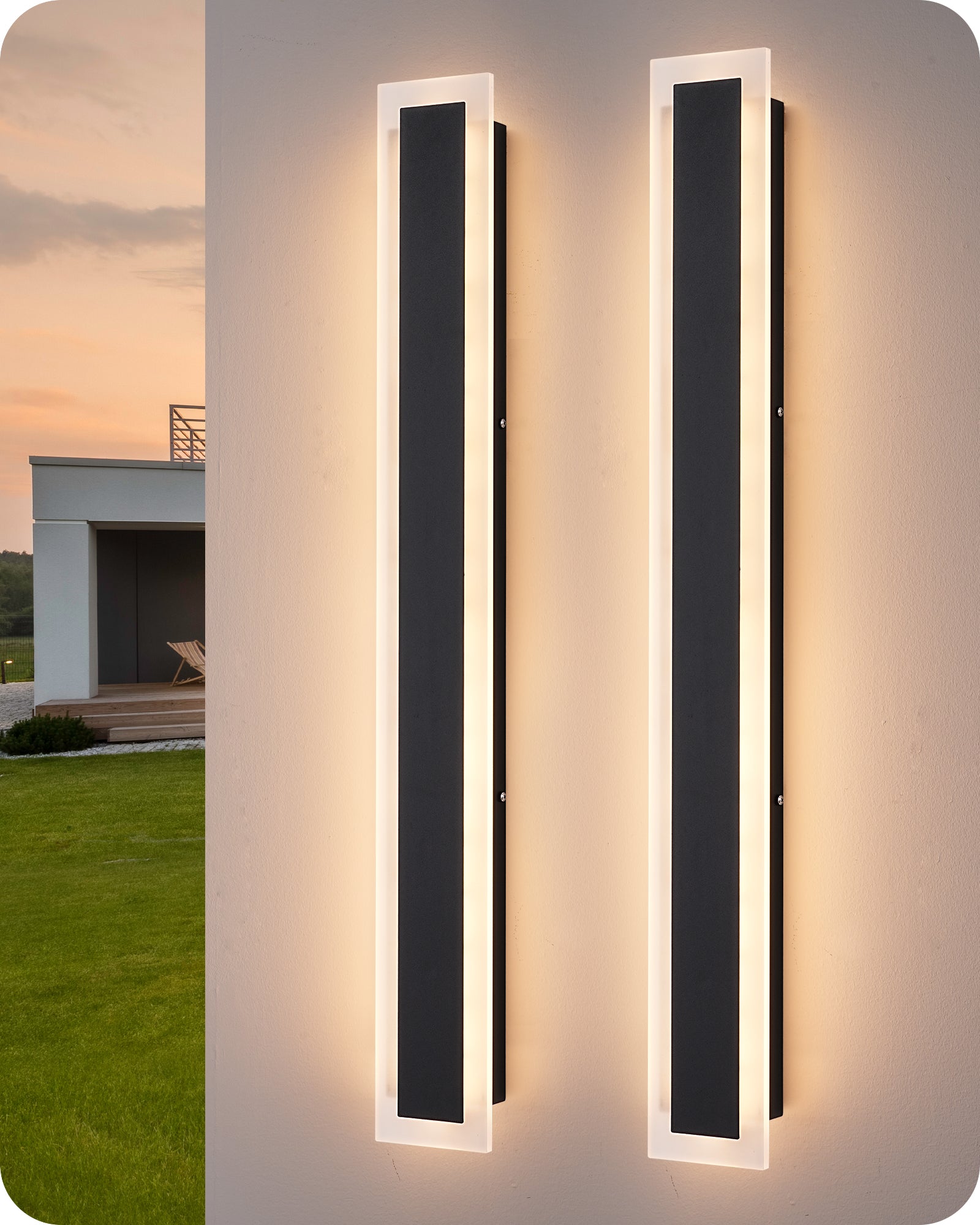 EDISHINE Upgraded 2 Pack 23.6" LED Outdoor Wall Light, Linear Modern Exterior Wall Sconce, Adjustable Brightness & Color Temperature, IP65 Waterproof, Long Exterior Lighting Fixtures for Garage