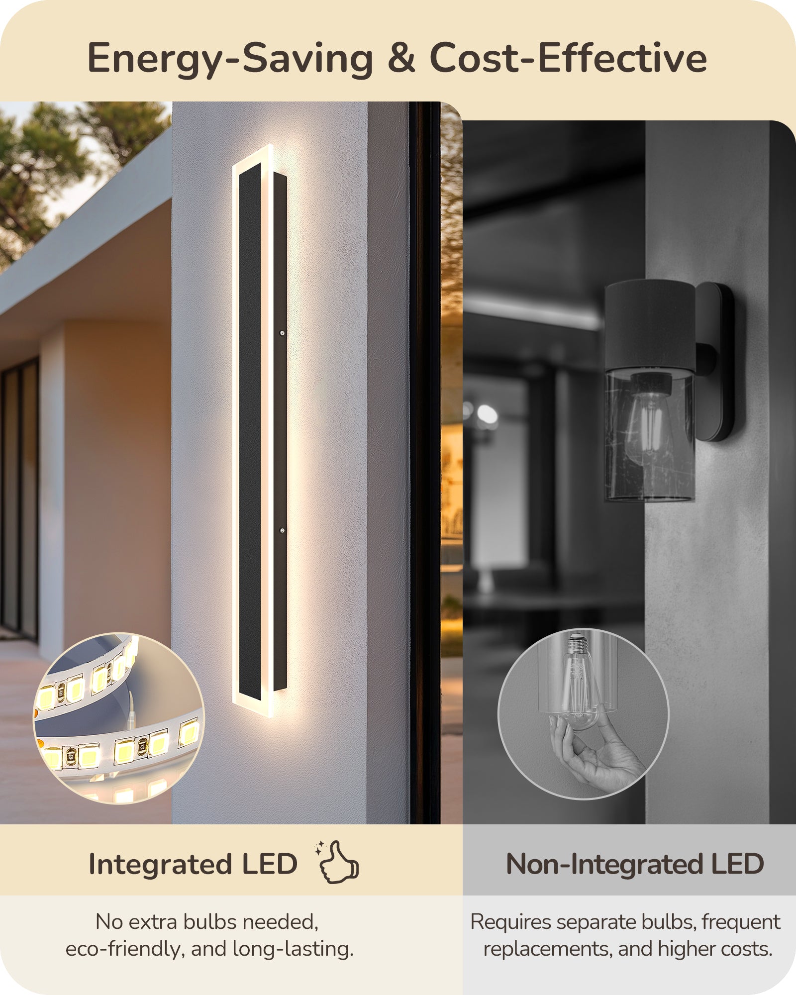 EDISHINE Upgraded 2 Pack 23.6" LED Outdoor Wall Light, Linear Modern Exterior Wall Sconce, Adjustable Brightness & Color Temperature, IP65 Waterproof, Long Exterior Lighting Fixtures for Garage