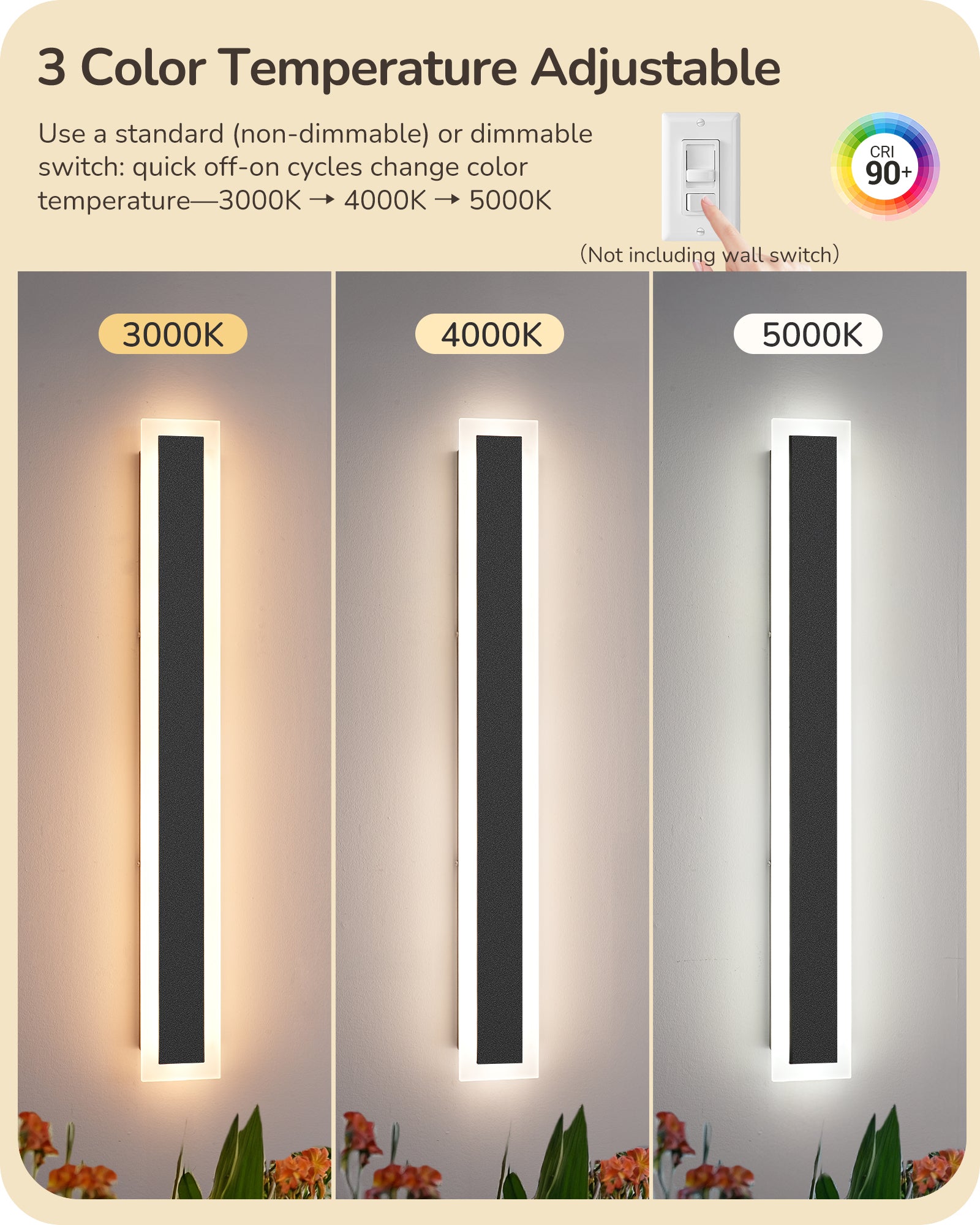 EDISHINE Upgraded 2 Pack 23.6" LED Outdoor Wall Light, Linear Modern Exterior Wall Sconce, Adjustable Brightness & Color Temperature, IP65 Waterproof, Long Exterior Lighting Fixtures for Garage