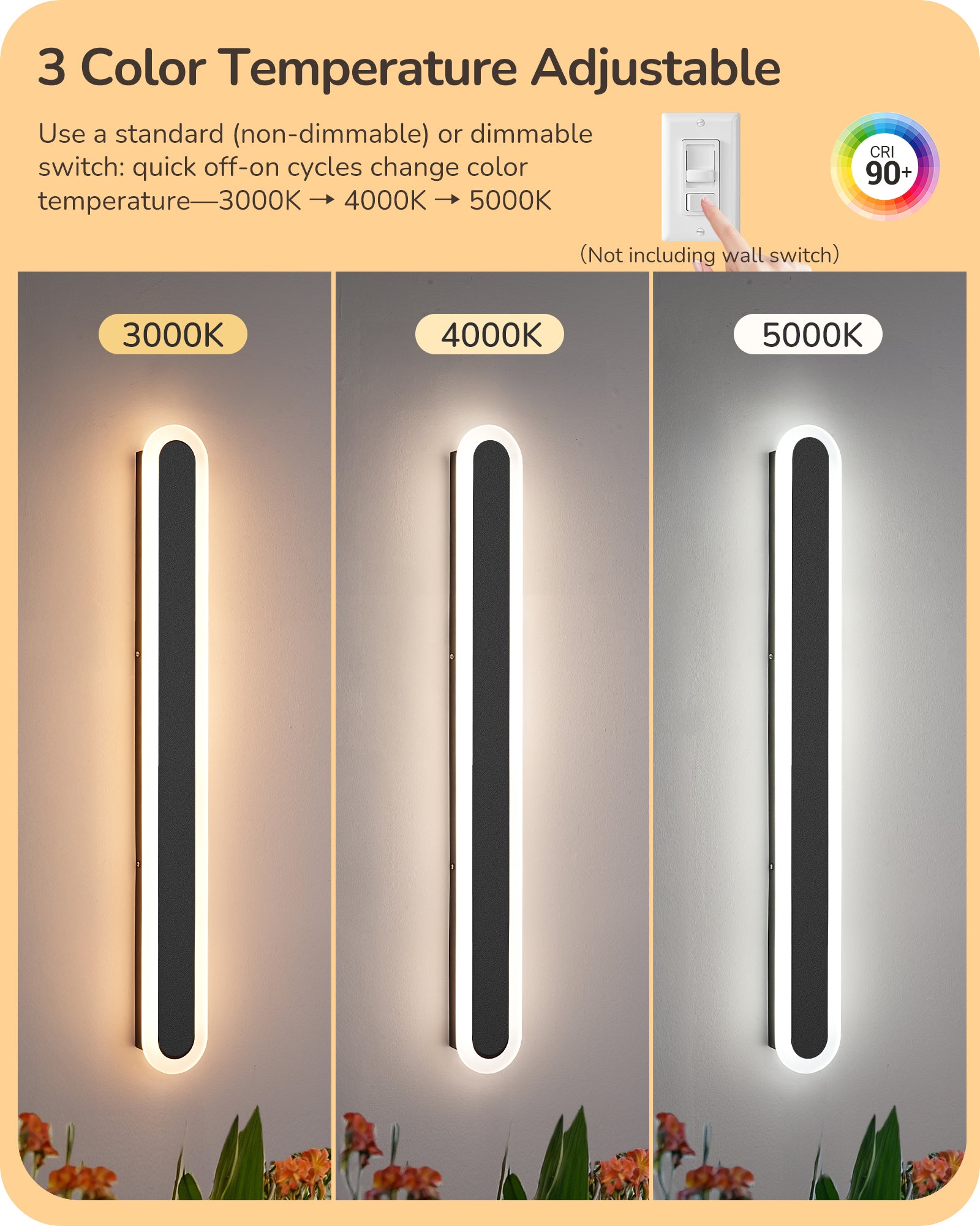 EDISHINE Upgraded 2 Pack 39.4" LED Outdoor Wall Light, Dimmable & 3 CCT, Linear Modern Exterior Lighting Fixtures, IP65 Waterproof, Oval Long Outside Wall Sconce for Garage, Porch