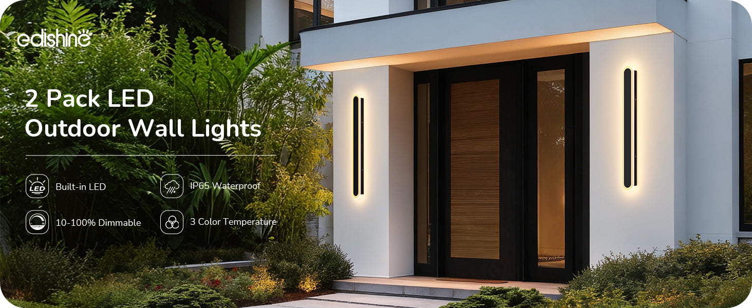 EDISHINE Upgraded 2 Pack 39.4" LED Outdoor Wall Light, Dimmable & 3 CCT, Linear Modern Exterior Lighting Fixtures, IP65 Waterproof, Oval Long Outside Wall Sconce for Garage, Porch