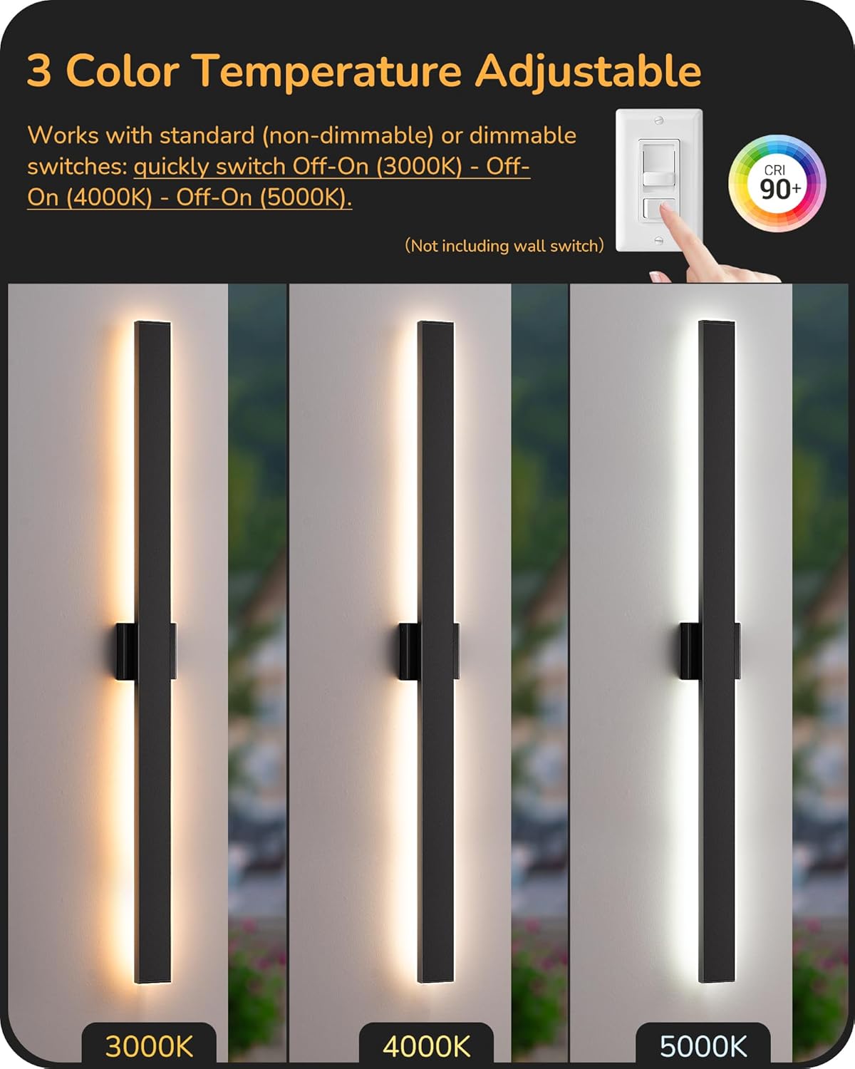 EDISHINE 47" LED Outdoor Wall Lights, 3CCT & 10%-100% Dimmable, IP65 Waterproof, Modern Exterior Lighting Fixtures, Linear Long Exterior Wall Light for House, Yard, 2 Pack, Black