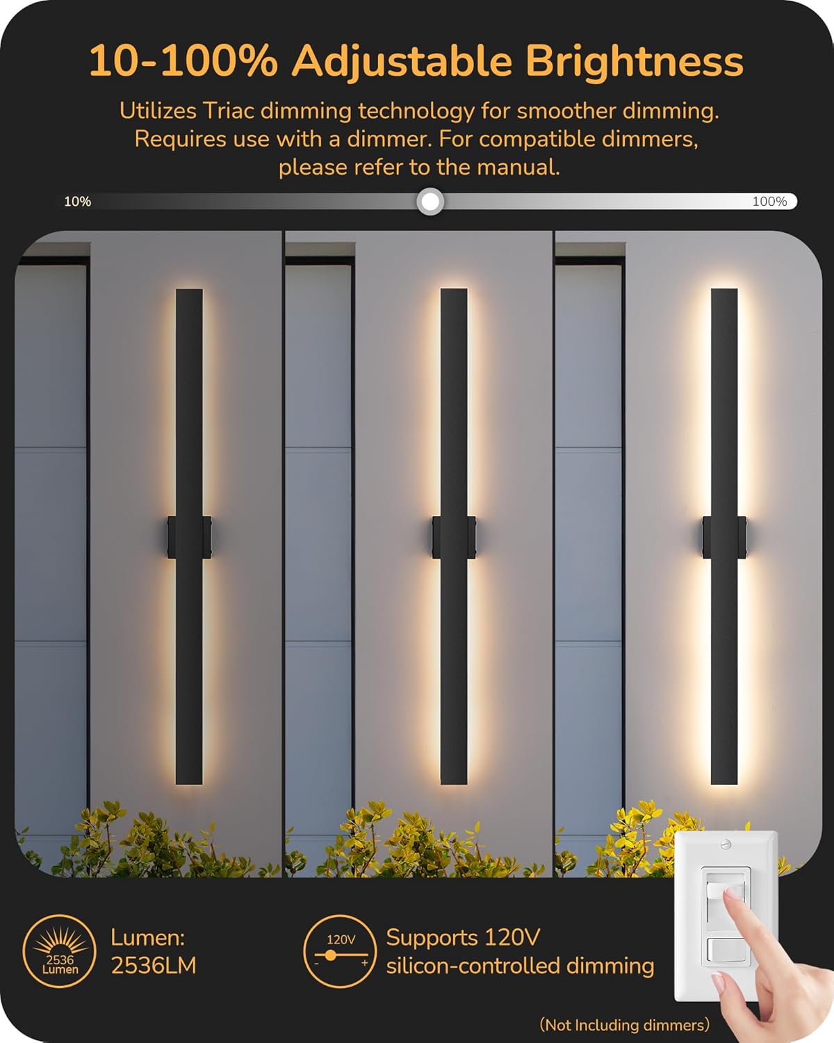 EDISHINE 47" LED Outdoor Wall Lights, 3CCT & 10%-100% Dimmable, IP65 Waterproof, Modern Exterior Lighting Fixtures, Linear Long Exterior Wall Light for House, Yard, 2 Pack, Black