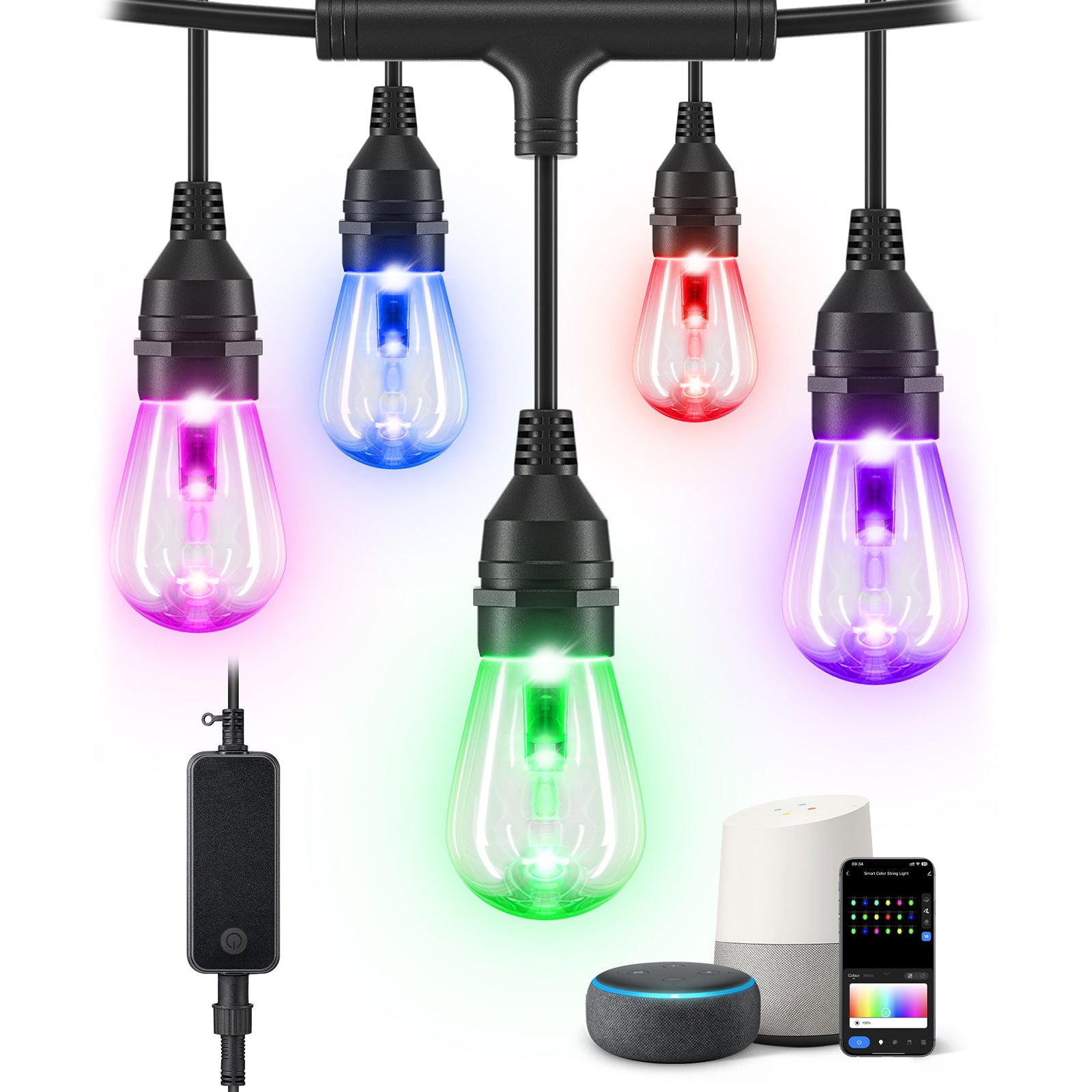 EDISHINE Smart Outdoor String Lights, 48ft -96ft Color Changing Light with 18 RGBW LED Bulbs, Waterproof WiFi Patio Lights for Outside Backyard, Party, Holiday Decor, Compatible with Alexa, App Control