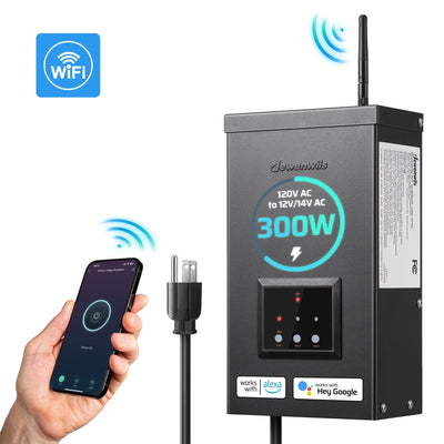   
                    300W Wi-Fi Low Voltage Transformer, 3 Independent Outputs, 120V AC to 12V/14V AC, Low Voltage Landscape Transformer with Schedule & Timer, Work with Alexa & Google Assistant
                  