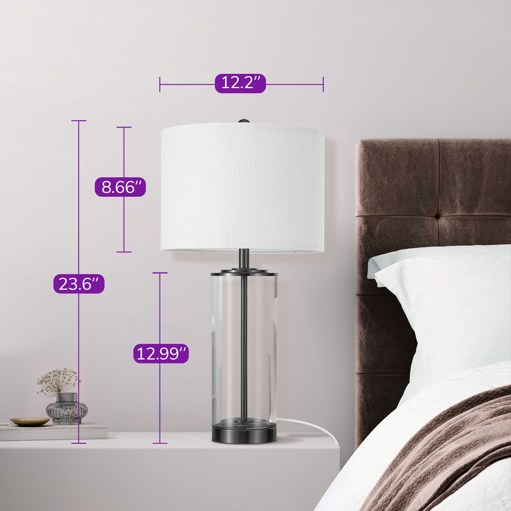 EDISHINE Dimmable Glass Table Lamp Set with DIY Fillable Base, Bulbs, Touch Control and USB Ports (Set of 2)-HWTL07A