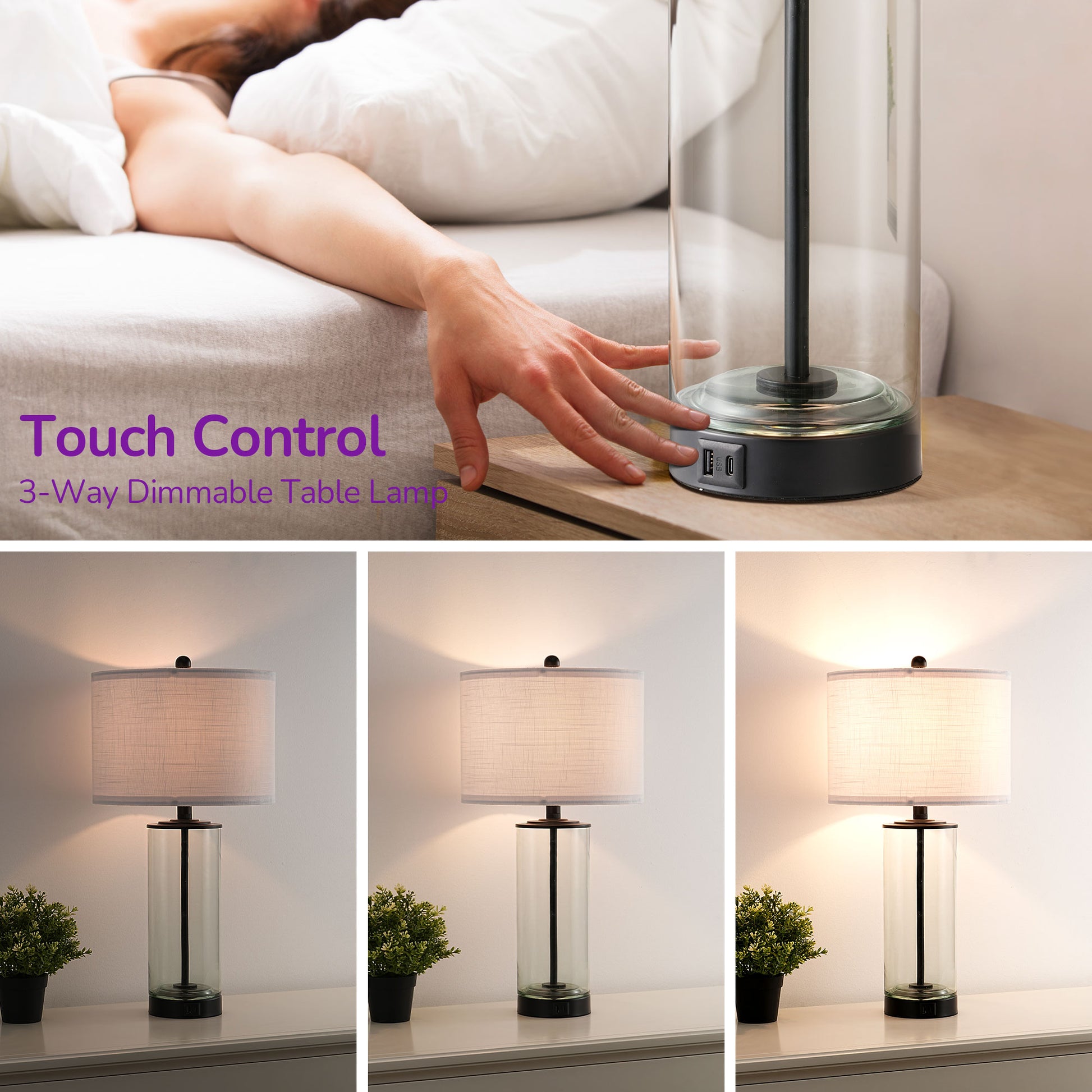 EDISHINE Dimmable Glass Table Lamp Set with DIY Fillable Base, Bulbs, Touch Control and USB Ports (Set of 2)-HWTL07A