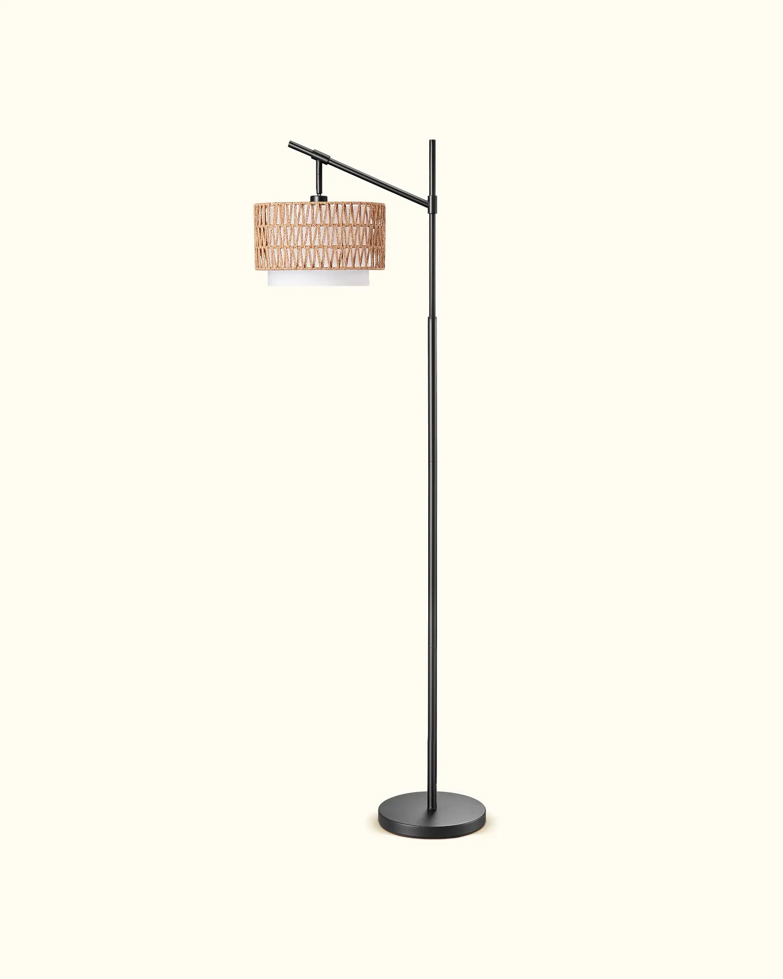 Farmhouse Rattan Arc Floor Lamp with Dual Shades & Remote