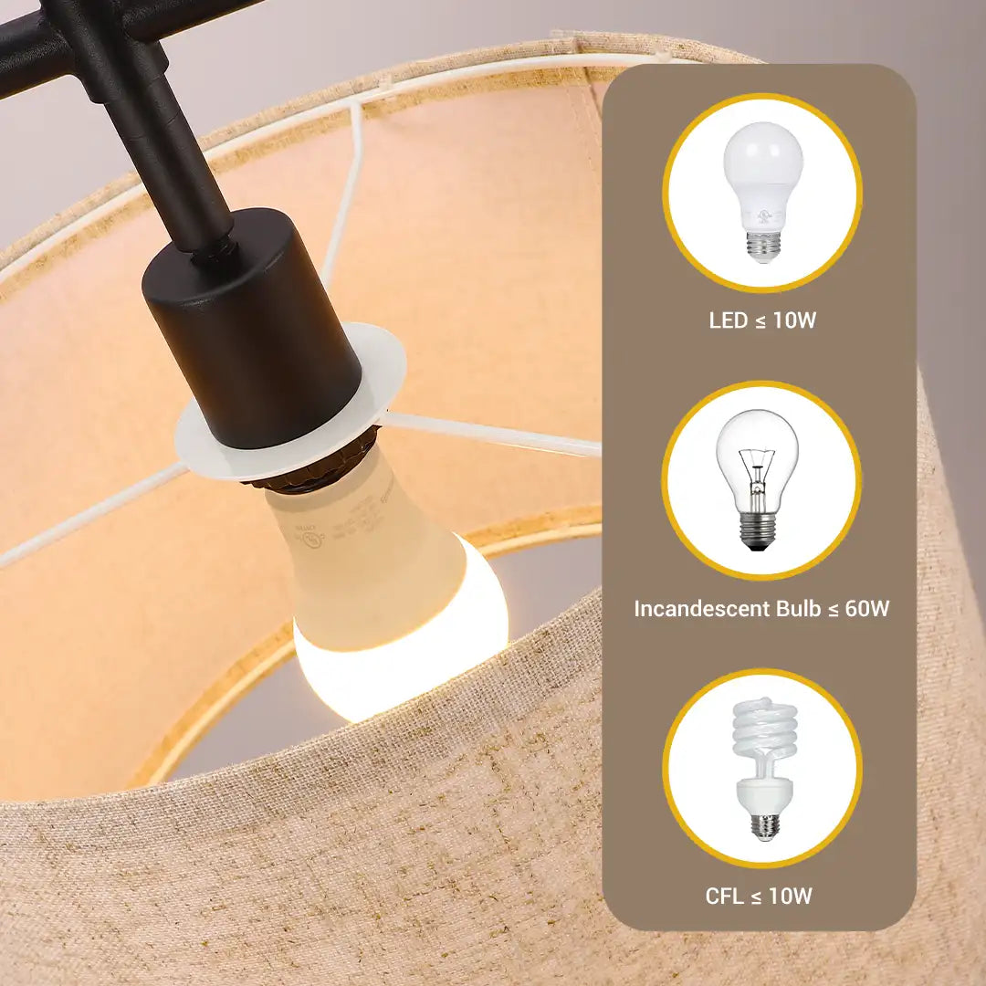 Light bulb holder with a label indicating wattage limits for LED, incandescent, and CFL bulbs.