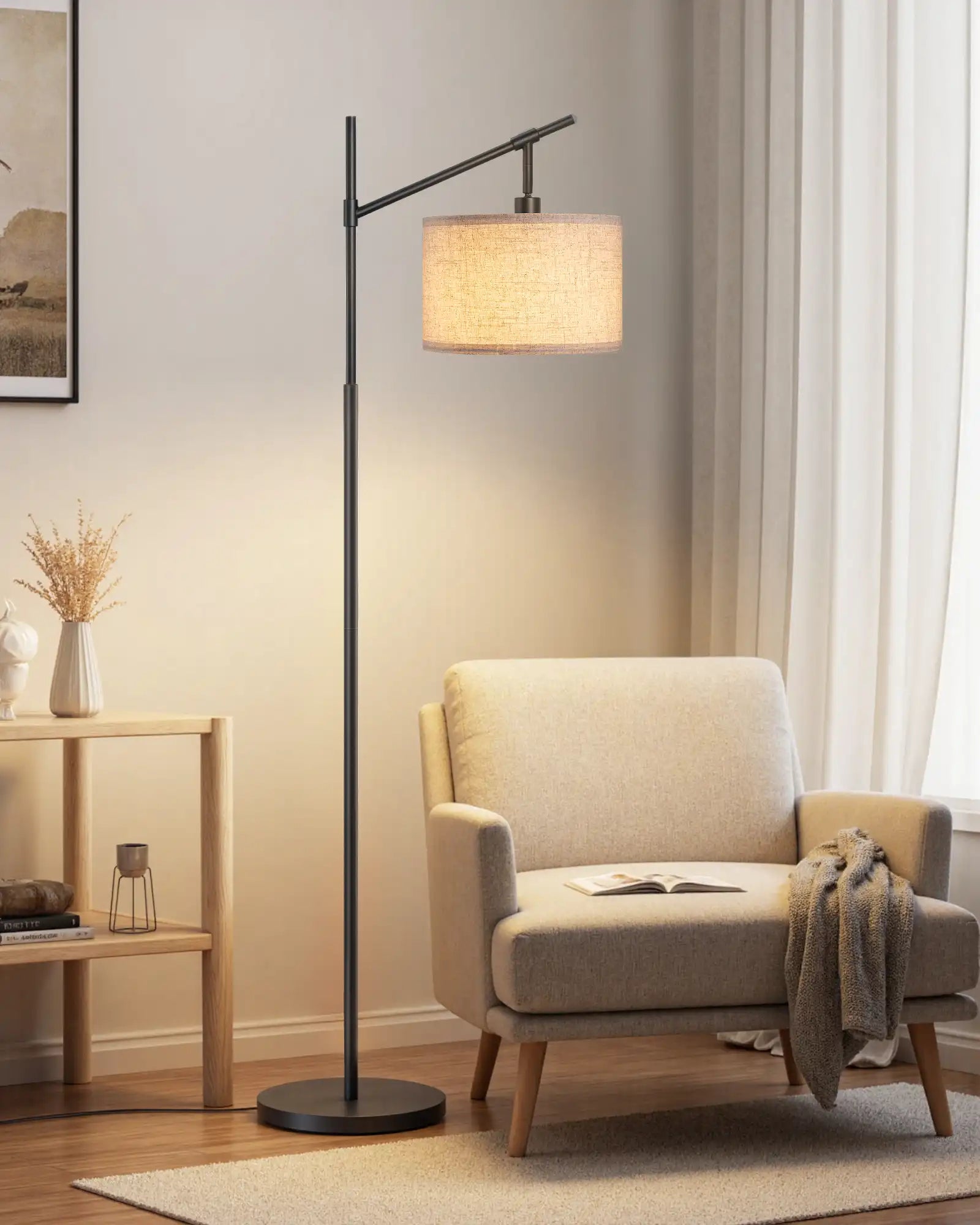 Futuristic floor lamp in a living room setting with a chair and small table.