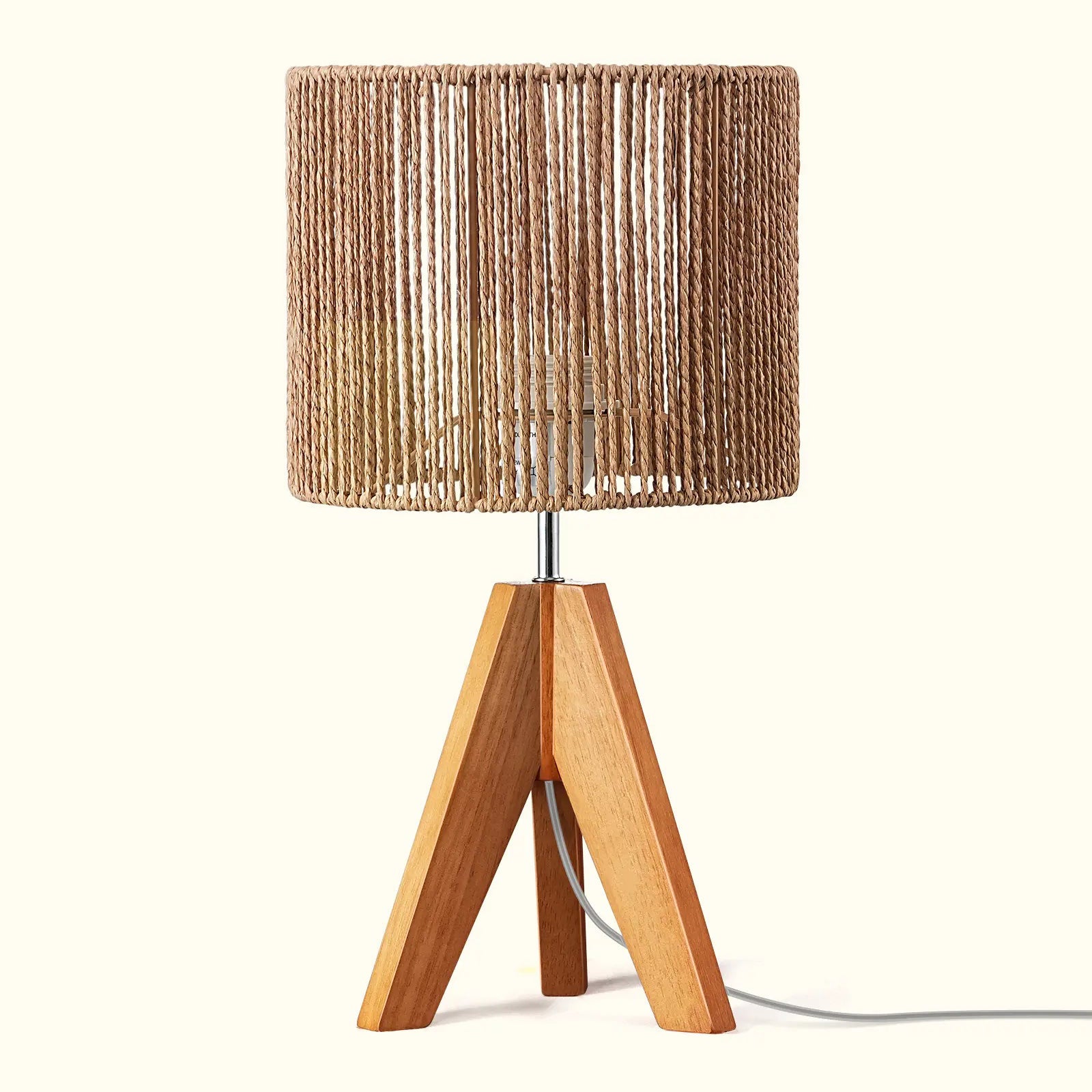 Boho Rattan Tripod Table Lamp with Vertical Stripe Woven Shade & Solid Wood Base