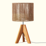 Boho Rattan Tripod Table Lamp with Vertical Stripe Woven Shade & Solid Wood Base