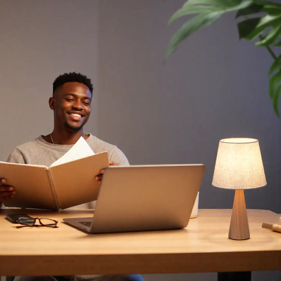 Man sitting at a desk with a laptop， notebook, and a Linen Table Lamp