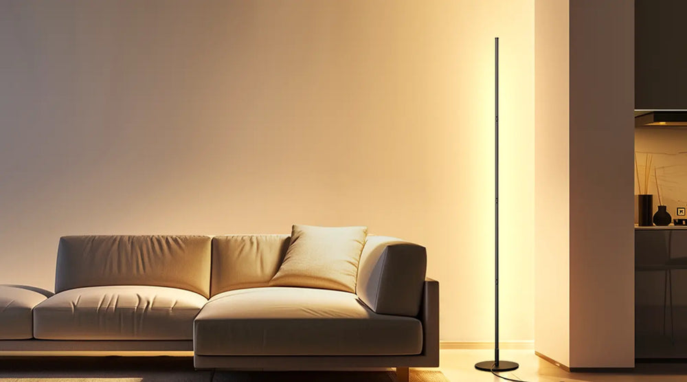 Modern living room with a beige sofa and a tall floor lamp.