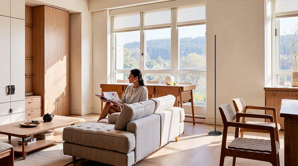 Woman sitting on a couch in a modern living room with large windows and a black Minimalist LED Floor Lamp