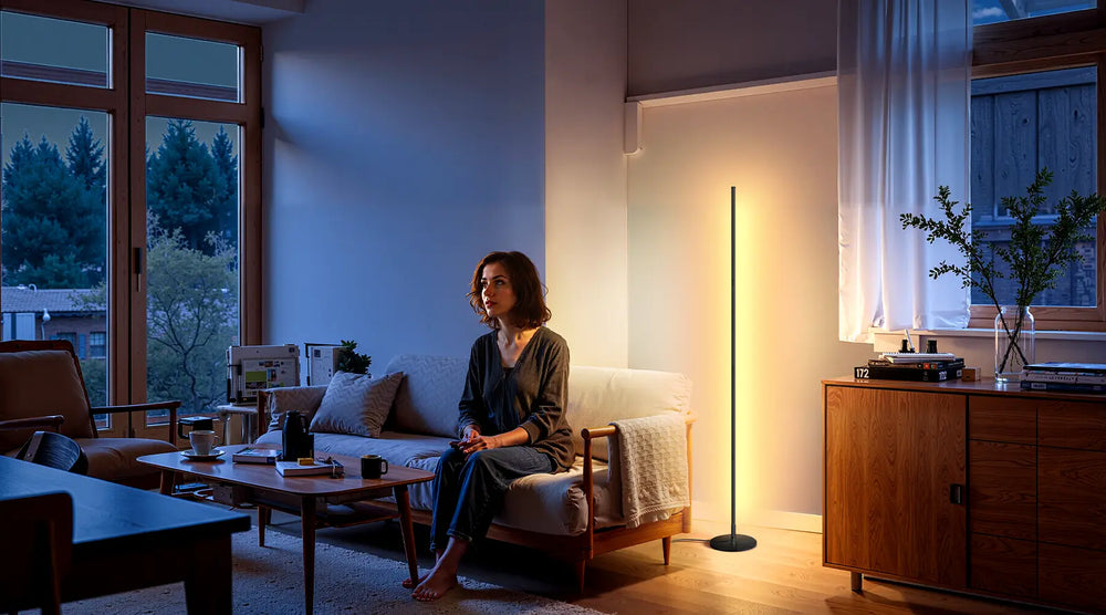 Woman sitting on a couch in a modern living room with a Minimalist LED Floor Lamp and large windows.
