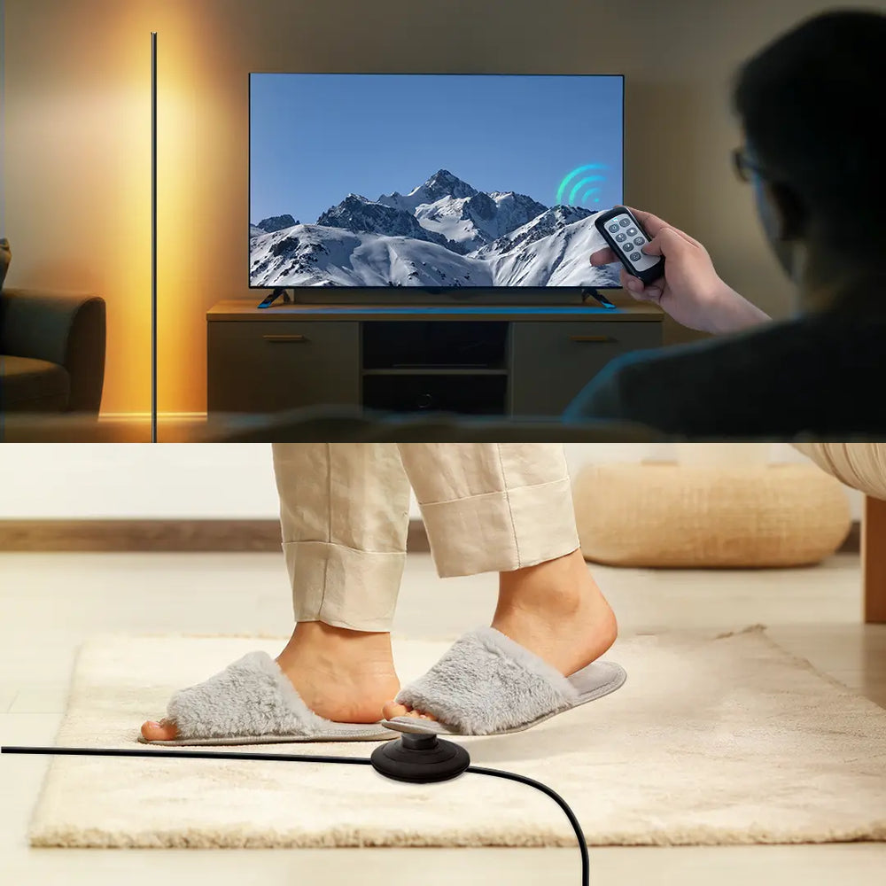 Person watching TV with a mountain scene, using a remote control, and another person wearing gray slippers on a mat.