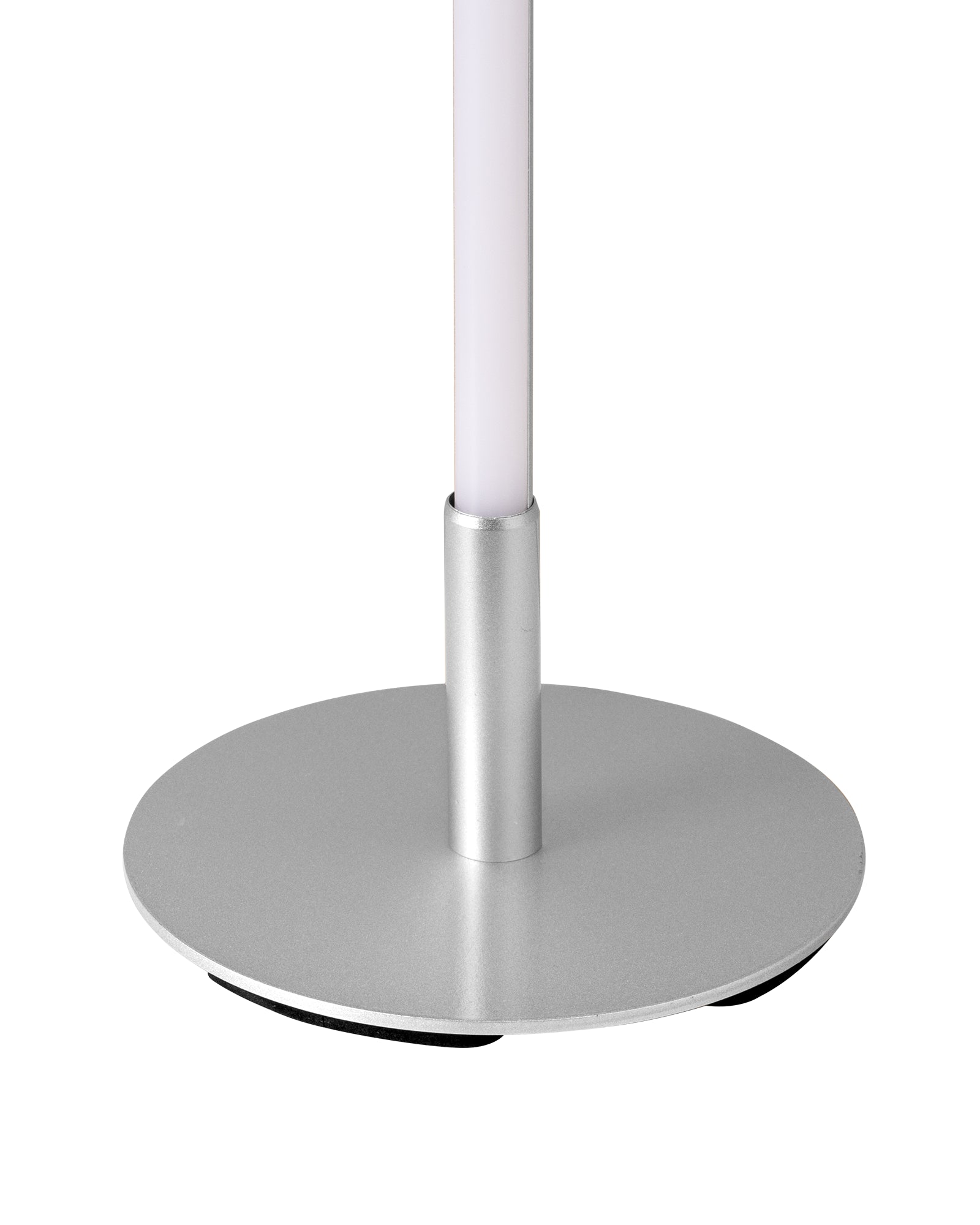 Silver LED desk lamp with a metallic stand with a round base on a white background