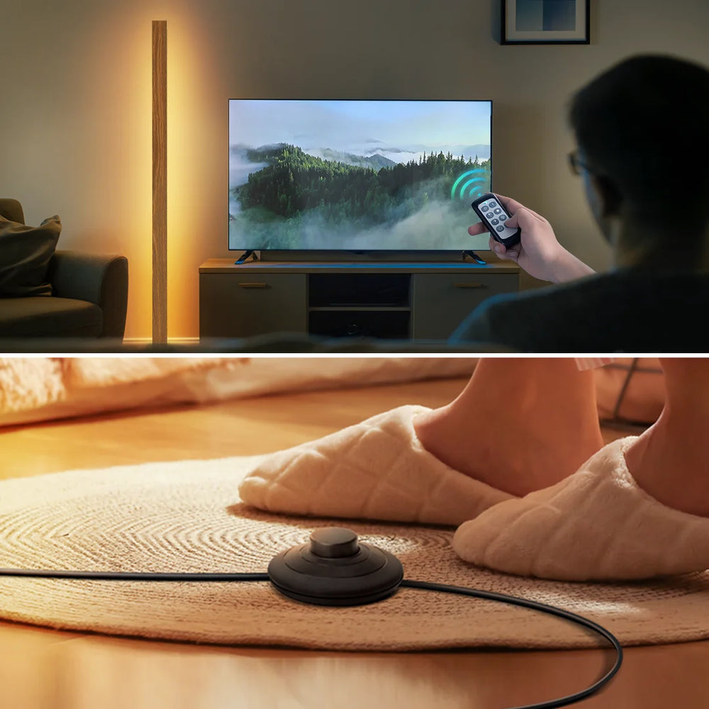 Person using a remote control in front of a TV displaying a nature scene, with a close-up of feet on a heating mat.