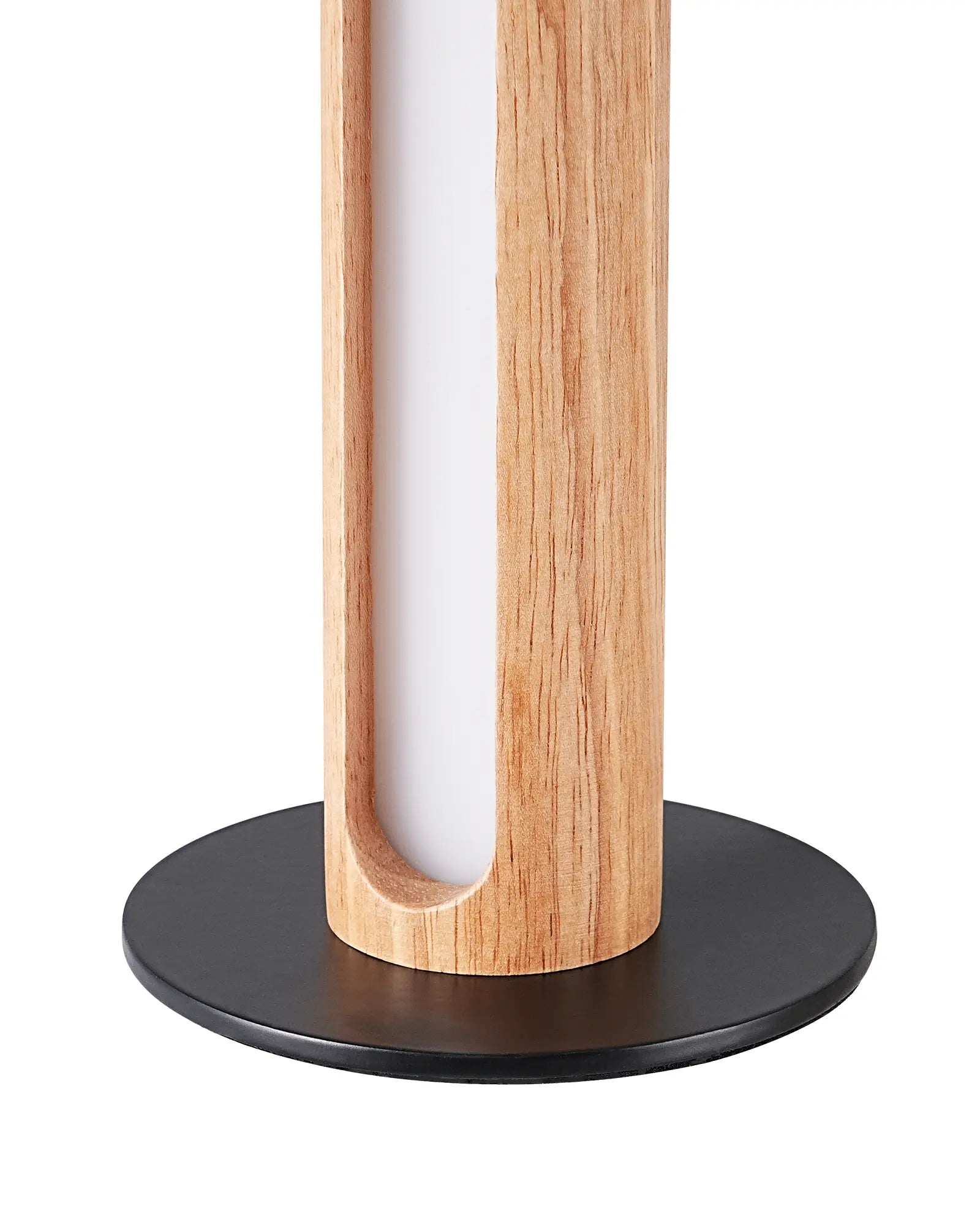 Close up Minimalist Wood Cylinder Table Lamp on a white background