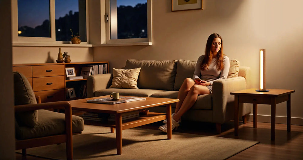 Woman sitting on a couch in a dimly lit living room with a Minimalist Wood Cylinder Table Lamp on a side table.