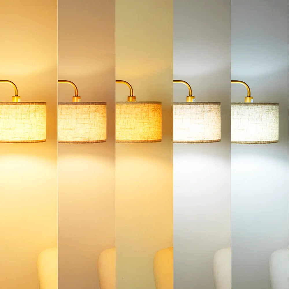 Modern Arc Floor Lamp with fabric shades on a striped background