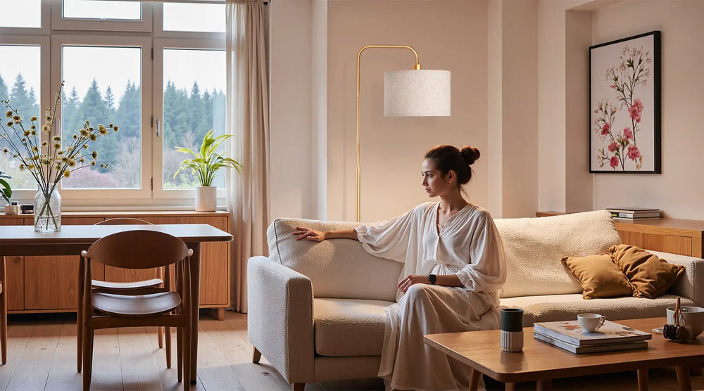 Woman in a white robe sitting on a couch in a cozy living room with a Modern Arc Floor Lamp
