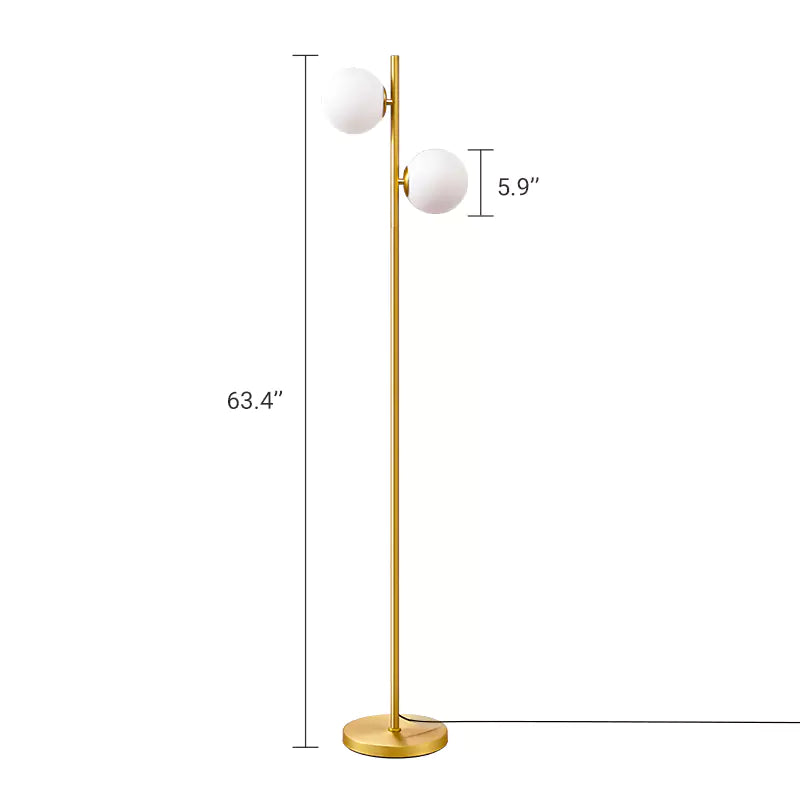 Gold Modern Sphere Standing Light with two spherical white lights, shown with measurements on a white background.