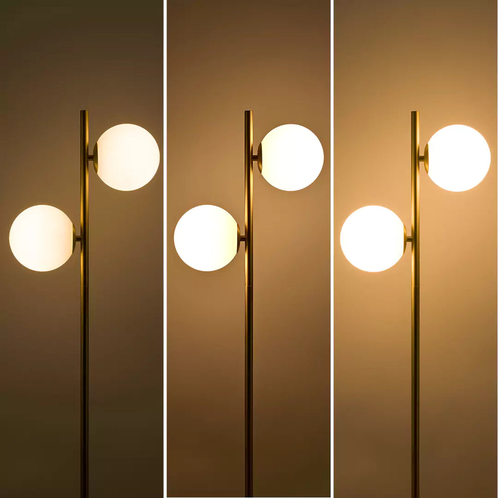 Three views of a Modern Sphere Standing light fixture with spherical glass shades.