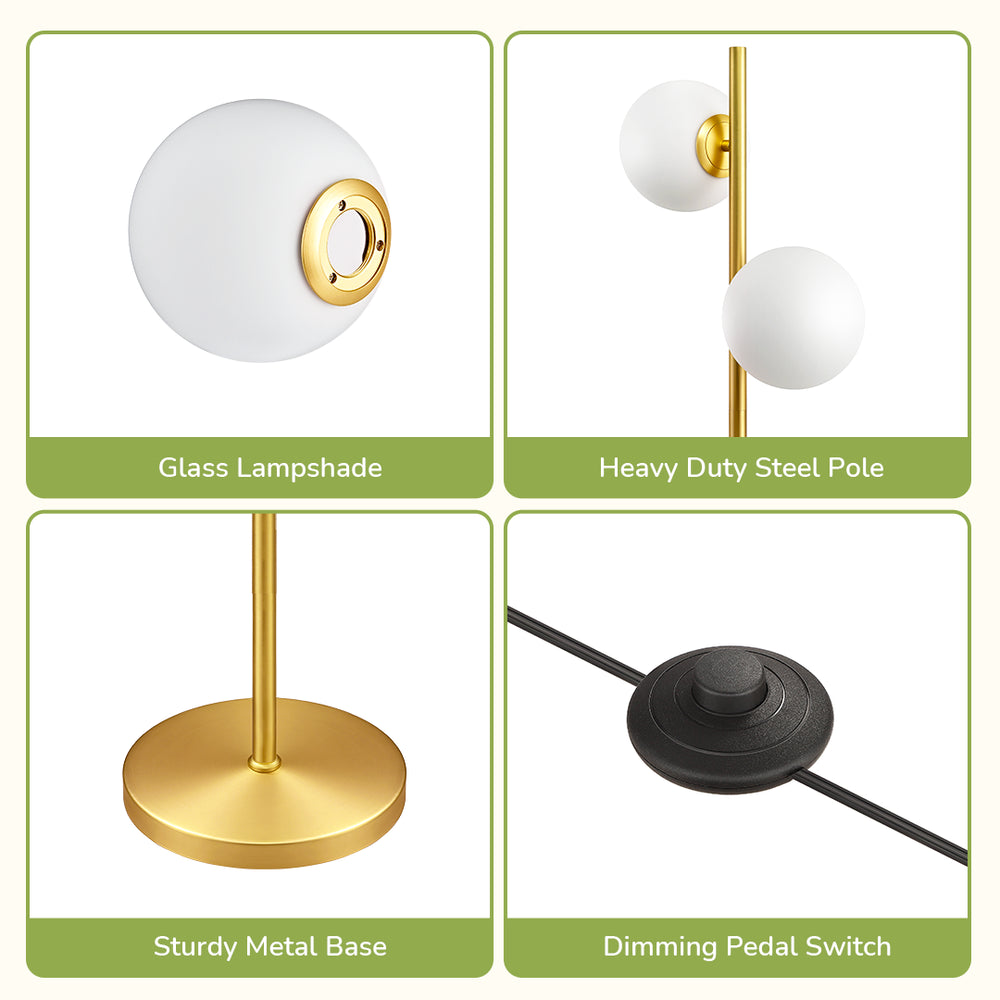 Collage of a floor lamp with features highlighted, including glass lampshade, heavy-duty steel pole, sturdy metal base, and dimming pedal switch.