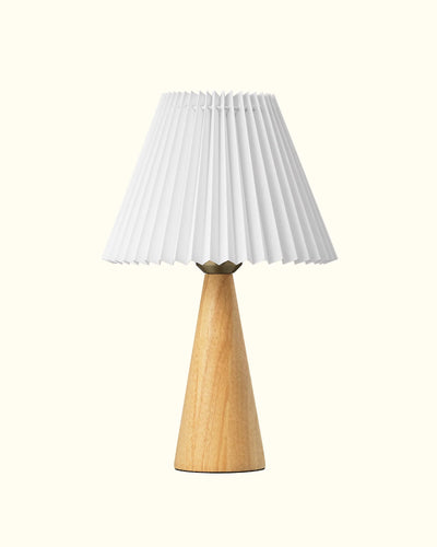  
                    
                      Modern Compact Wooden Table Lamp with White Pleated Shade
                      
              