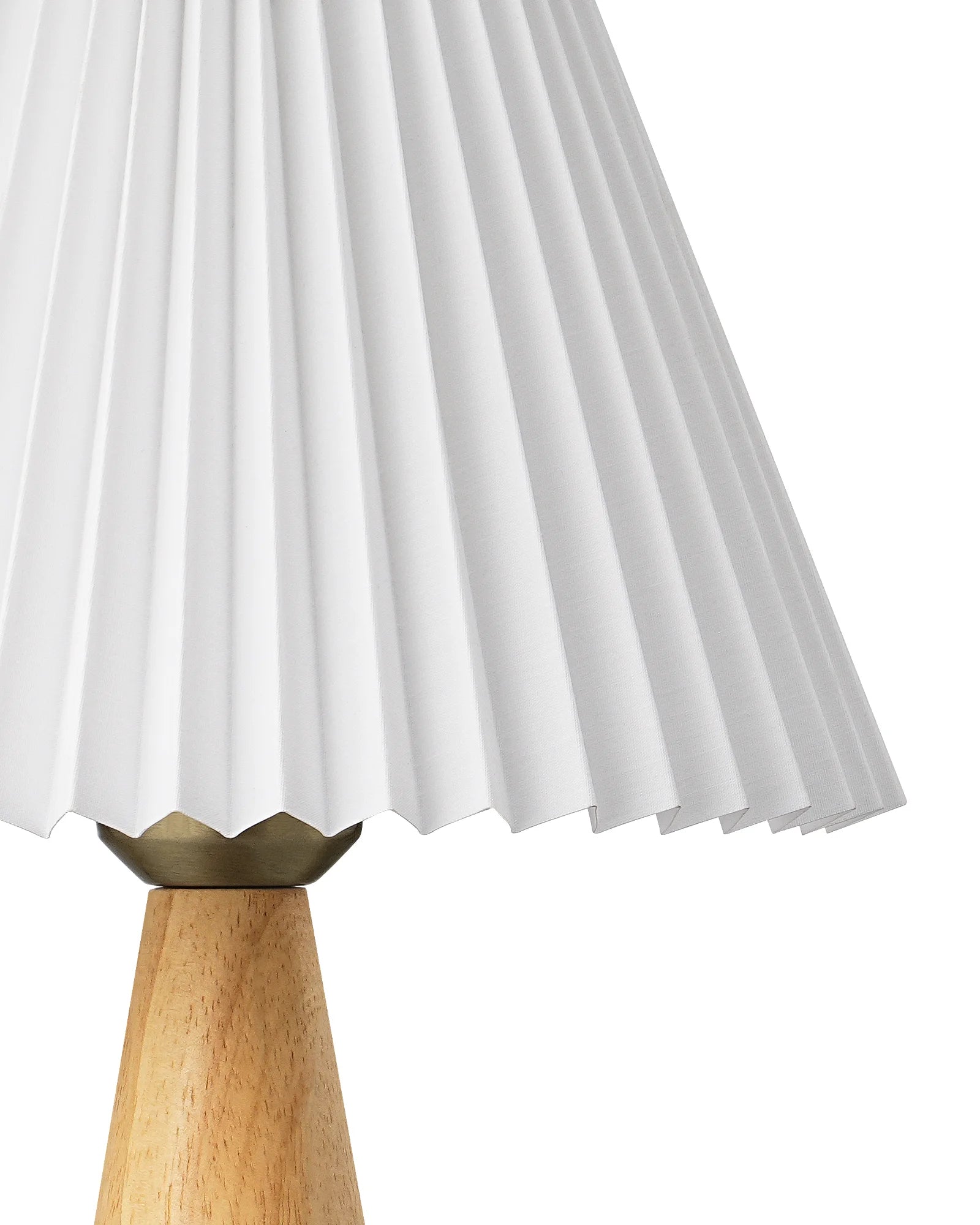 White pleated lampshade with a wooden base on a white background