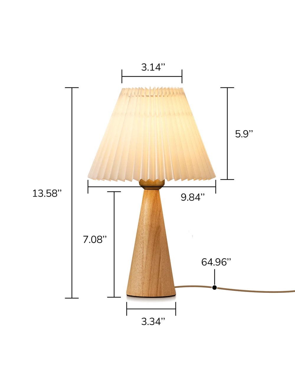 Measurement chart of a Pleated White Table Lamp with dimensions labeled