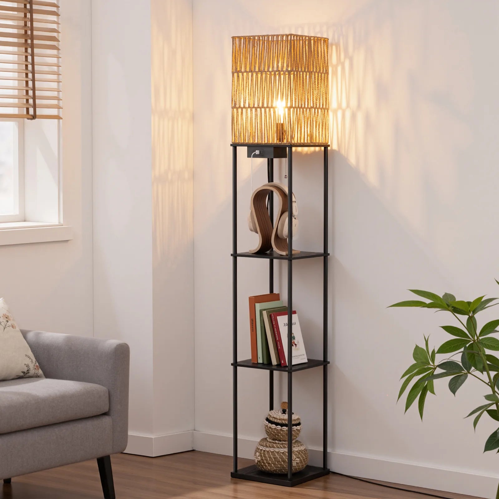 Rattan Floor Lamp with Shelves (63.8" )