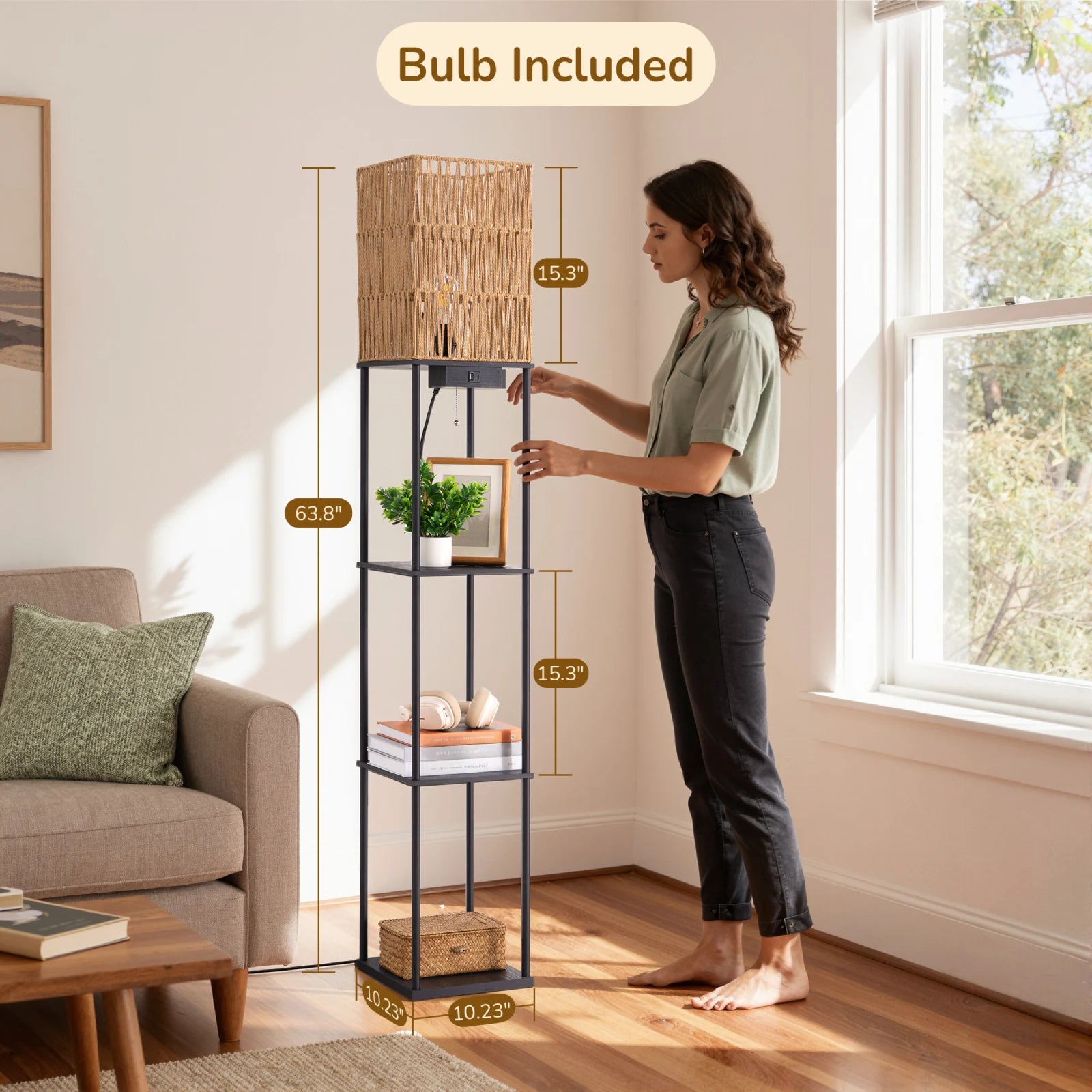 Rattan Floor Lamp with Shelves (63.8" )
