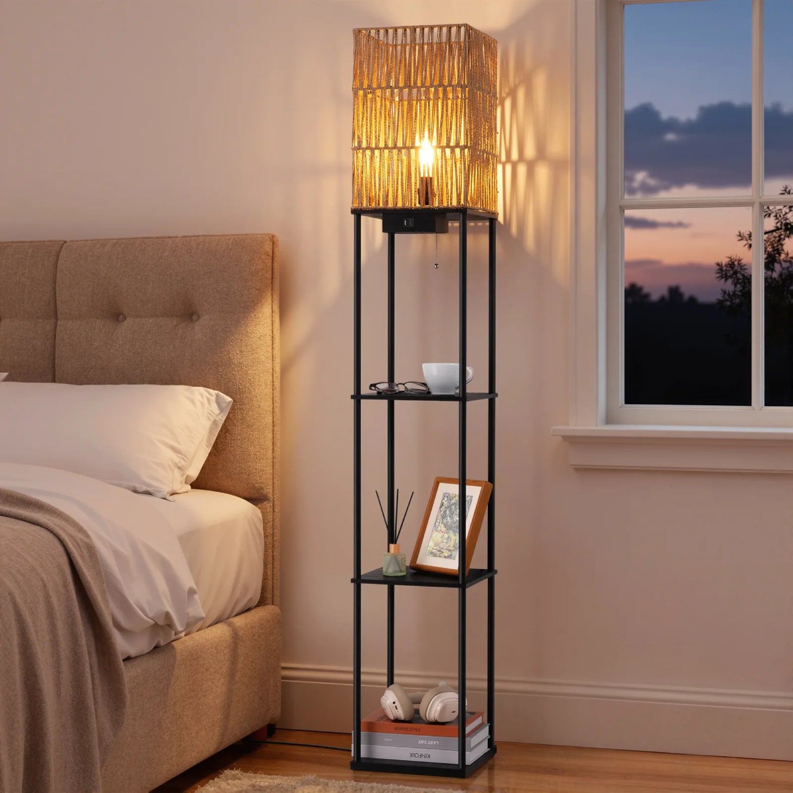 Rattan Floor Lamp with Shelves (63.8" )