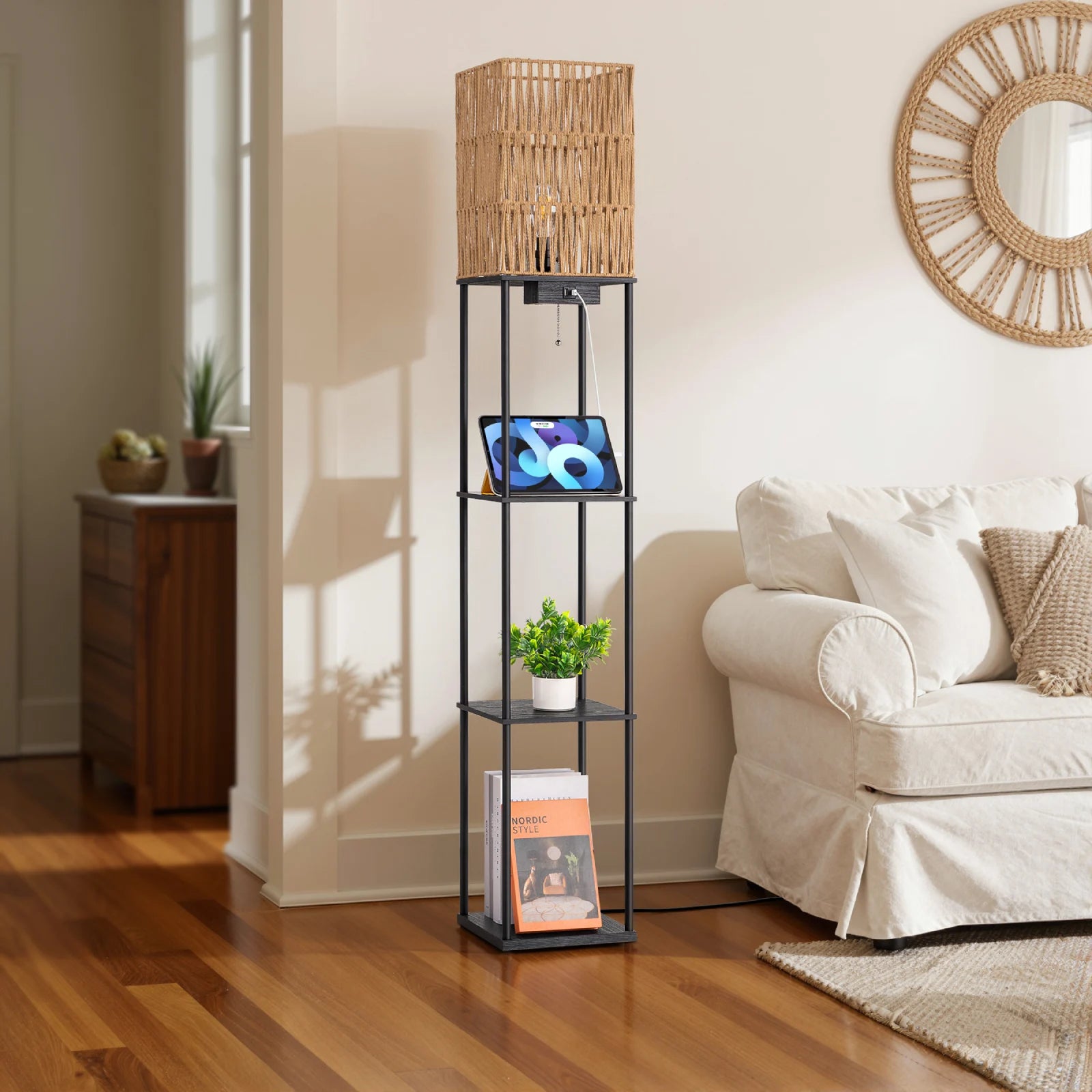 Rattan Floor Lamp with Shelves (63.8" )