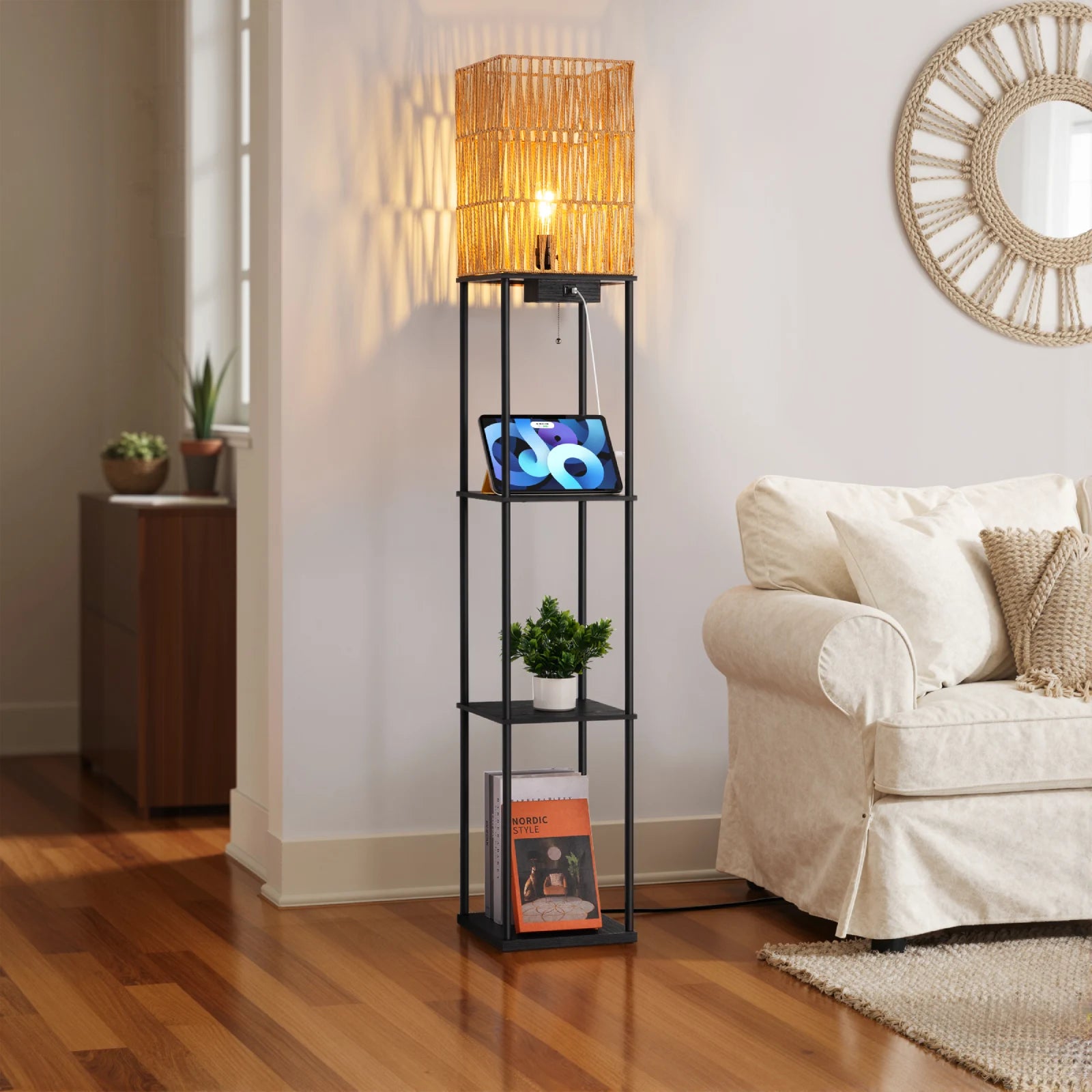 Rattan Floor Lamp with Shelves (63.8" )