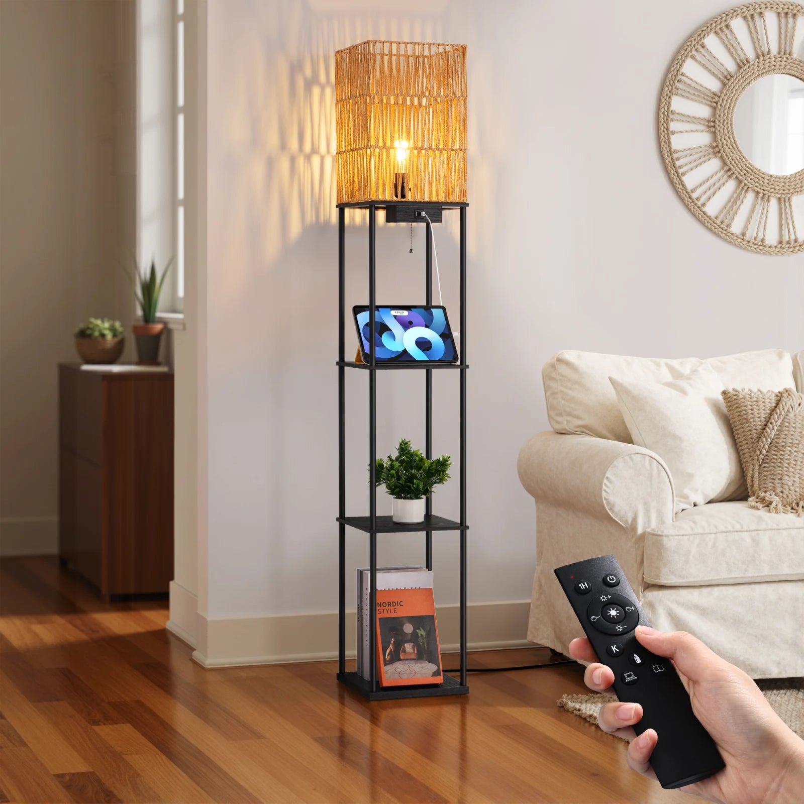 Rattan Floor Lamp with Shelves (63.8" )