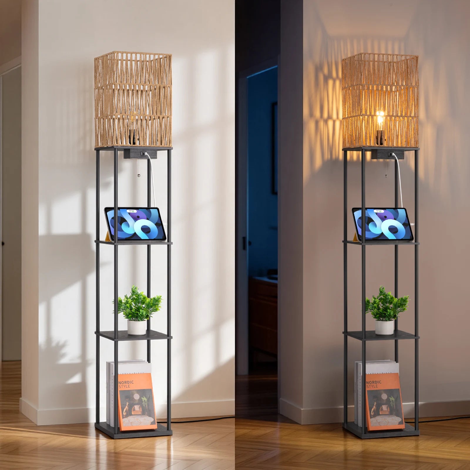 Rattan Floor Lamp with Shelves (63.8" )