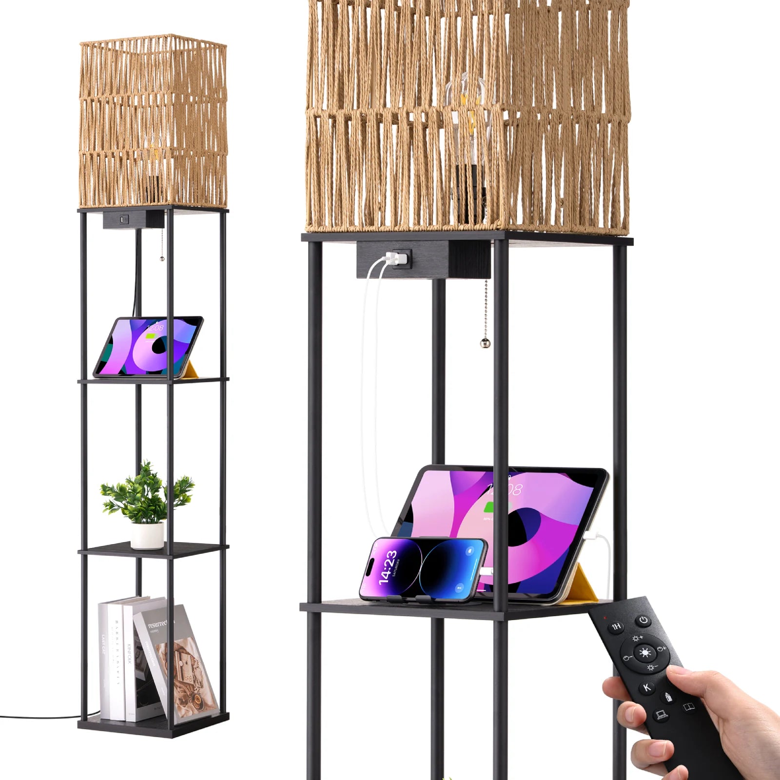 Rattan Floor Lamp with Shelves (63.8" )