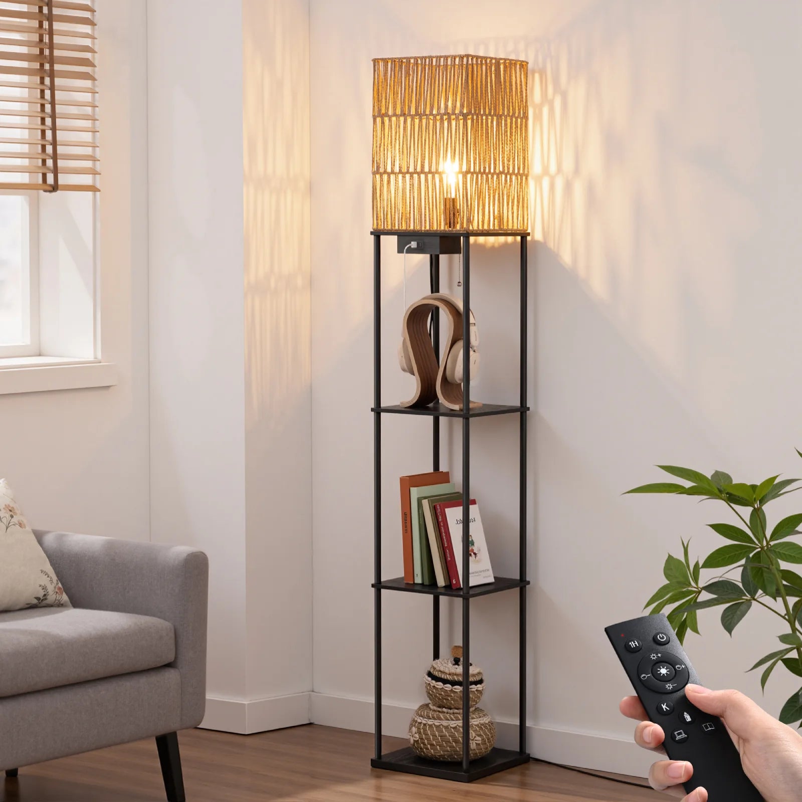 Rattan Floor Lamp with Shelves (63.8" )
